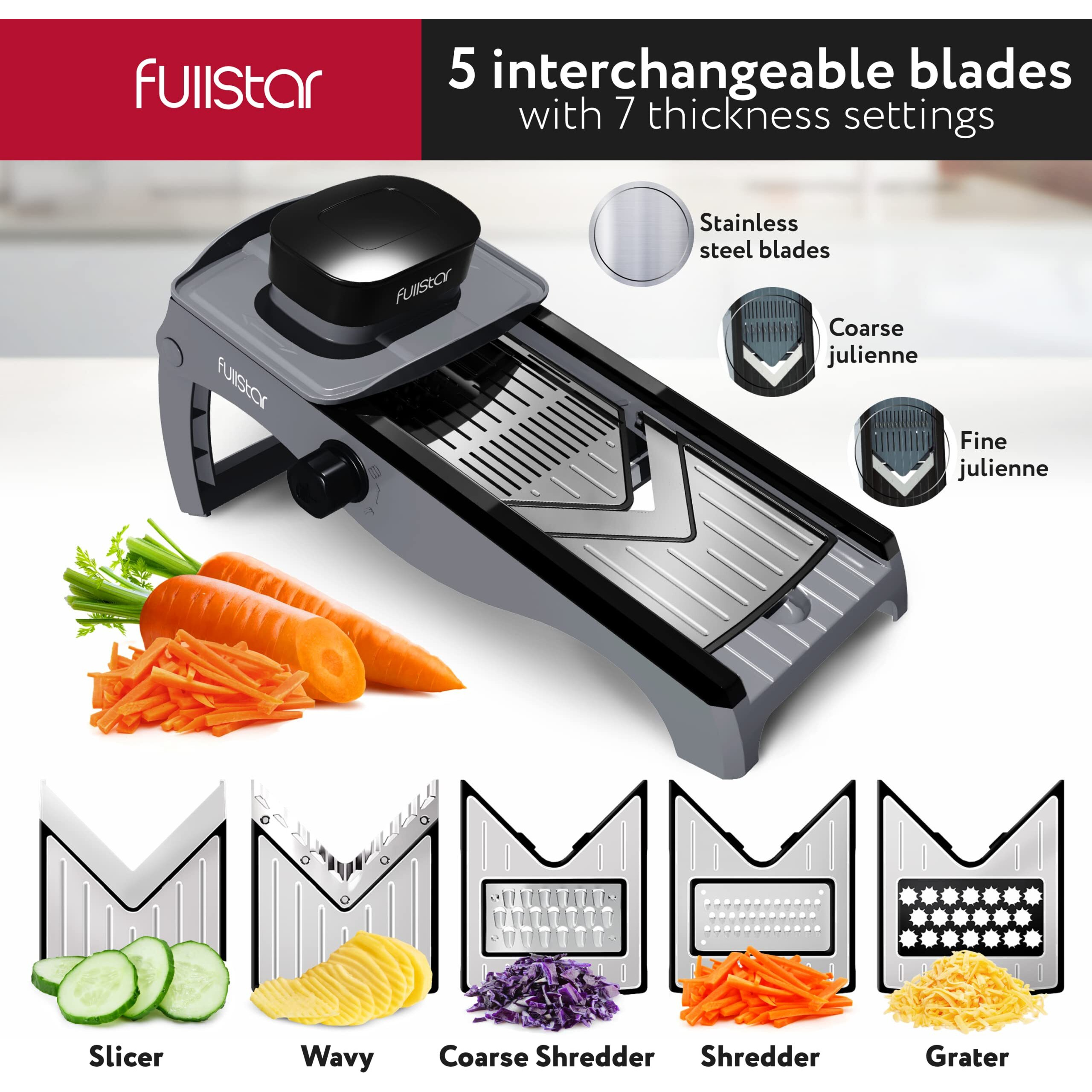 Fullstar 7-In-1 Stainless Steel Mandoline Slicer For Kitchen, Vegetable Slicer, Veggie Chopper & Cheese Grater, Meal Prep Food Storage Container Anti-Slip Base & Protective Glove Included - Silver