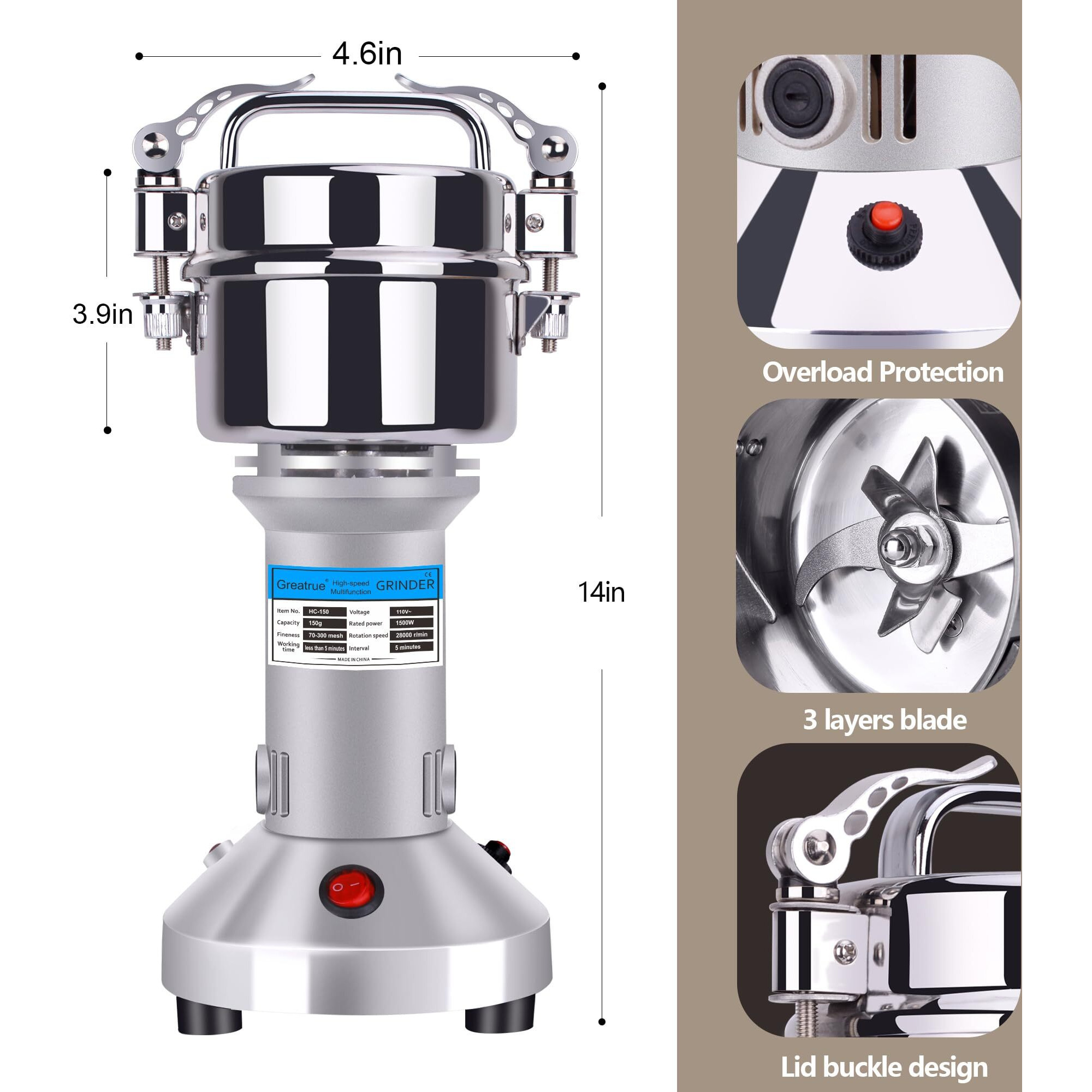 Greatrue Electric Grain Mill Grinder Spice Grinder Flour Mill Wheat Cereals Herb Pulverizer For Kitchen,150G High Speed Dry Spice Grinder Machine