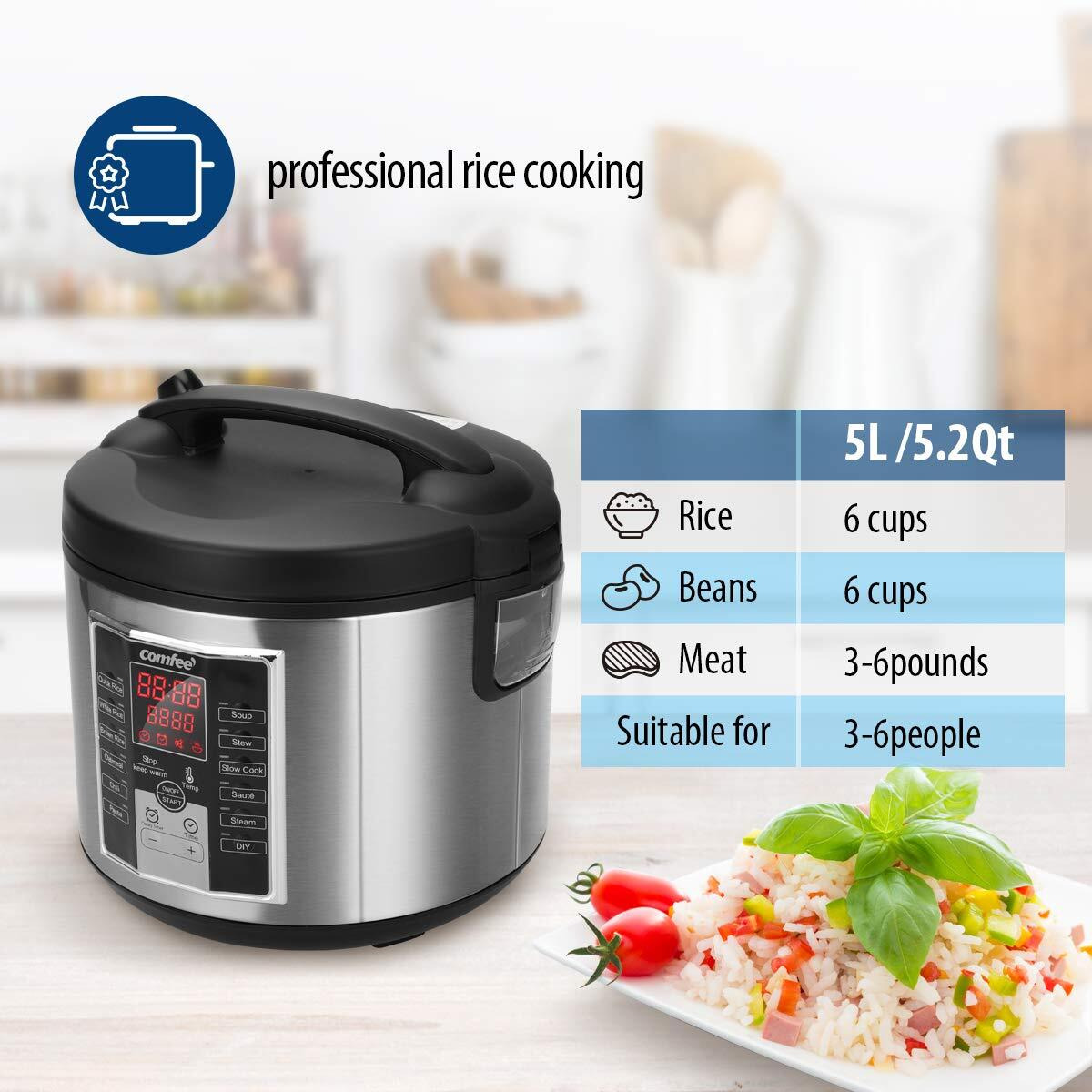Comfee' Rice Cooker, Slow Cooker, Steamer, Stewpot, Saut   All In One (12 Digital Cooking Programs) Multi Cooker (5.2Qt ) Large Capacity. 24 Hours Preset & Instant Keep Warm, Black/Silver (Mb-M25)