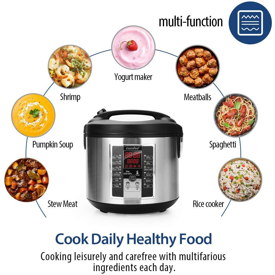 Comfee' Rice Cooker, Slow Cooker, Steamer, Stewpot, Saut   All In One (12 Digital Cooking Programs) Multi Cooker (5.2Qt ) Large Capacity. 24 Hours Preset & Instant Keep Warm, Black/Silver (Mb-M25)