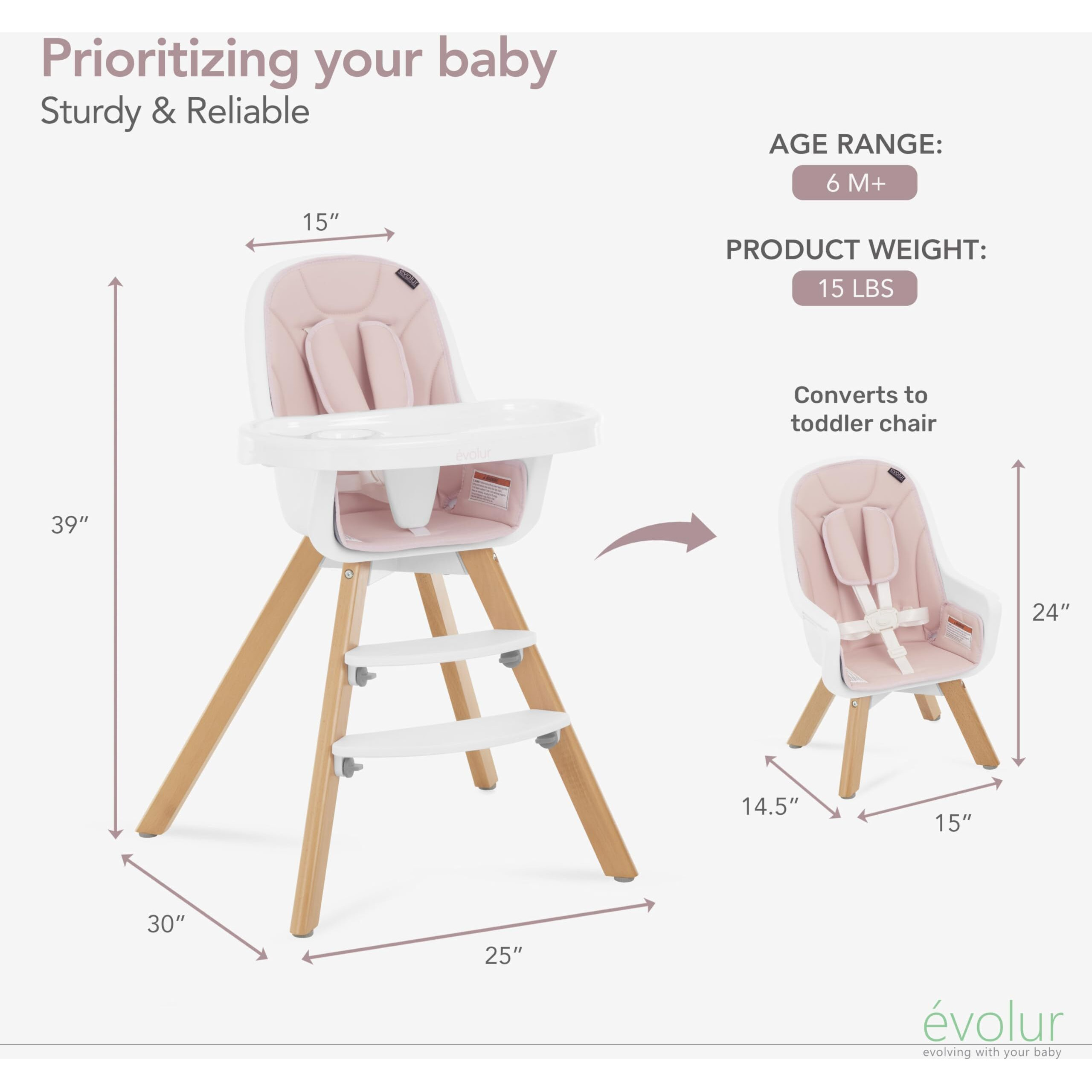 Evolur Zoodle 3 In 1 Convertible Baby High Chair In Pink, Easy To Clean, Adjustable And Removable Tray, Compact And Portable High Chair, Foldable High Chair With Adjustable Footrest