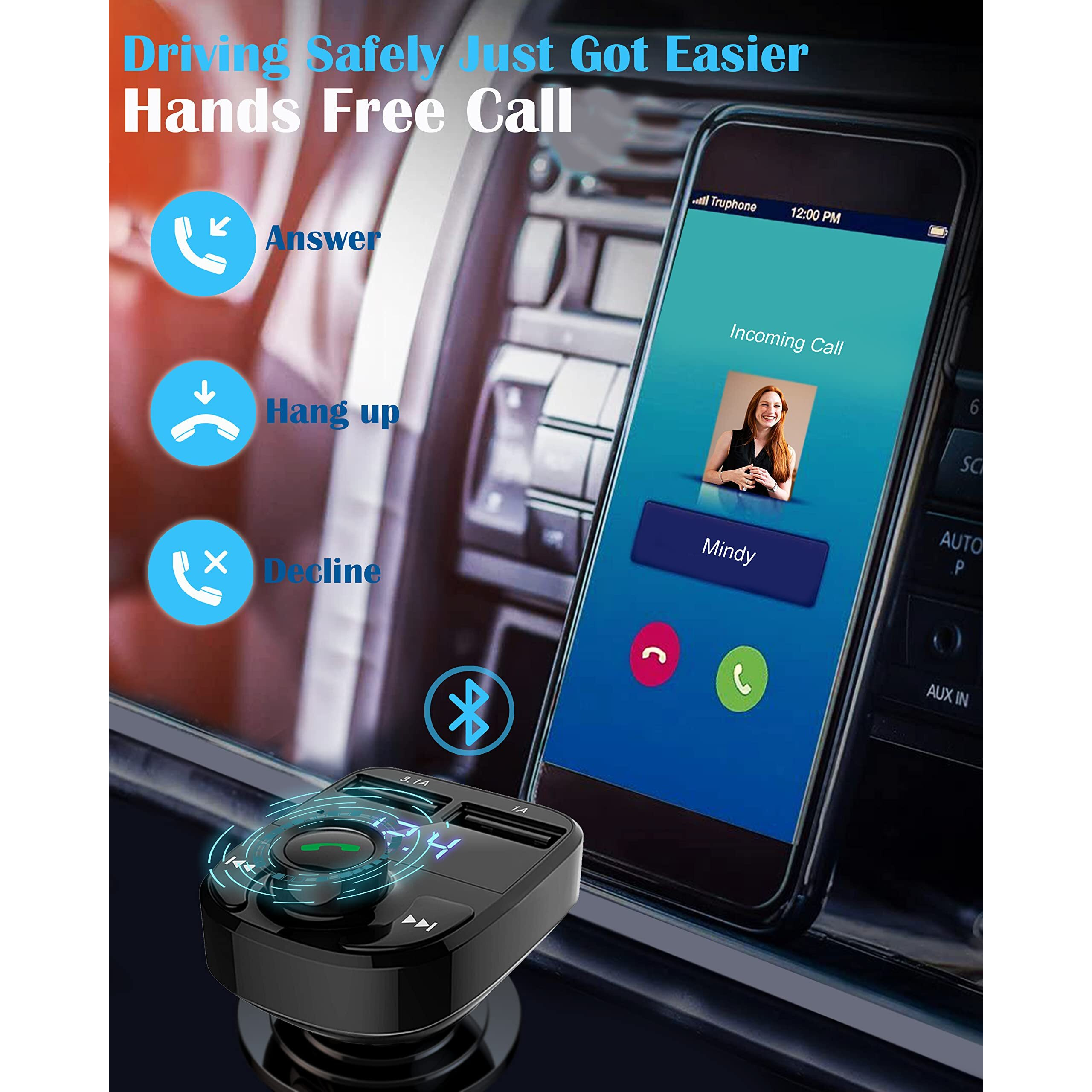 Handsfree Call Car Charger,Wireless Bluetooth Fm Transmitter Radio Receiver,Mp3 Audio Music Adapter,Dual Usb Port Compatible For All Smartphones,Samsung Galaxy,Lg,Htc,Etc.