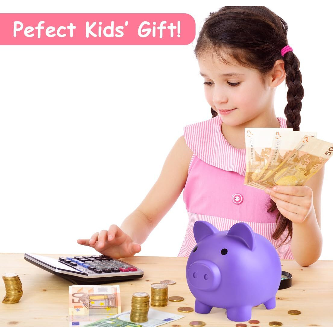 Pjdrllc Large Piggy Bank, Unbreakable Plastic Money Bank, Coin Bank For Girls And Boys, Large Size Piggy Banks, Practical Gifts For Birthday, Easter, Christmas (Purple)