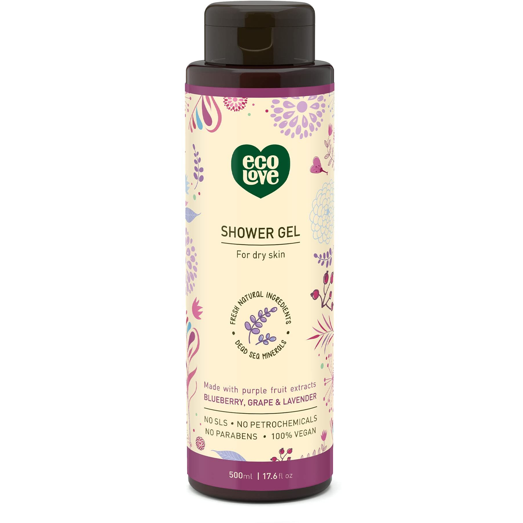 Ecolove - Natural Moisturizing Body Wash For Dry Skin - Organic Blueberry, Grape & Lavender - No Sls Or Parabens - Vegan And Cruelty-Free Shower Gel, 17.6 Oz
