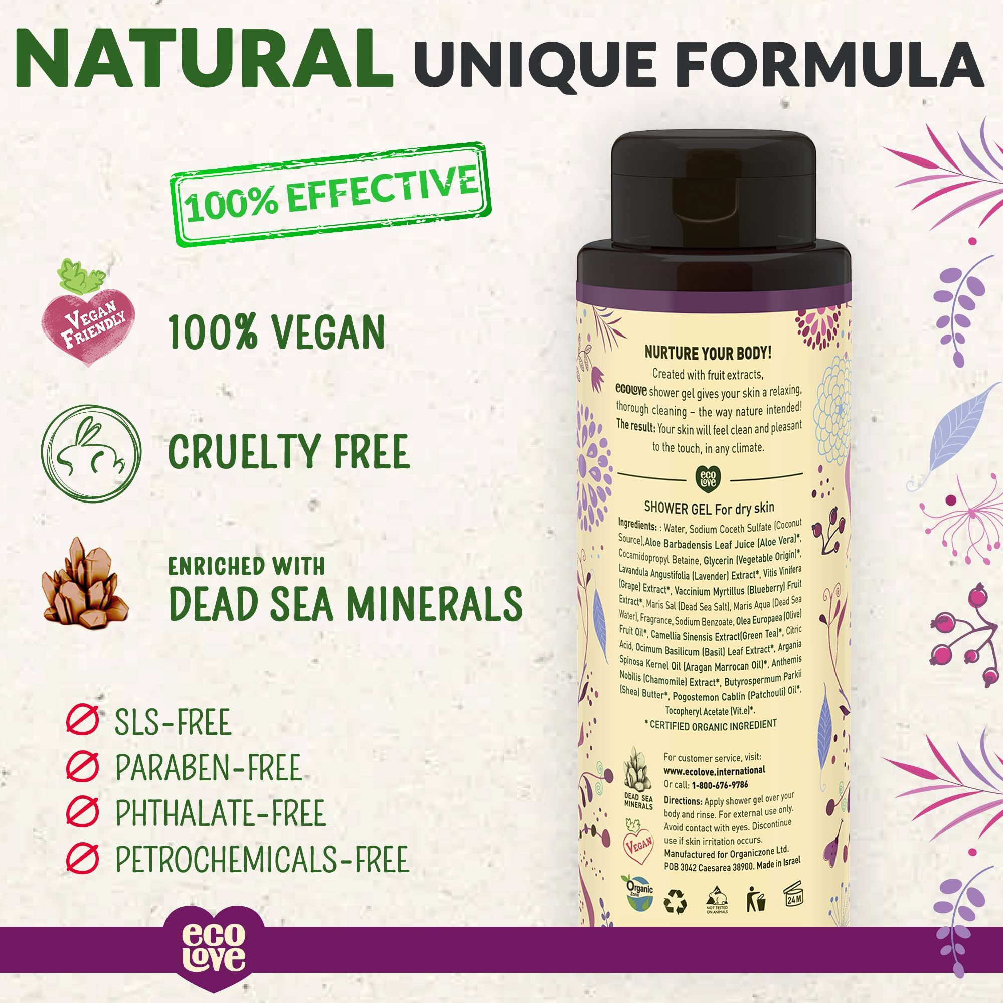 Ecolove - Natural Moisturizing Body Wash For Dry Skin - Organic Blueberry, Grape & Lavender - No Sls Or Parabens - Vegan And Cruelty-Free Shower Gel, 17.6 Oz