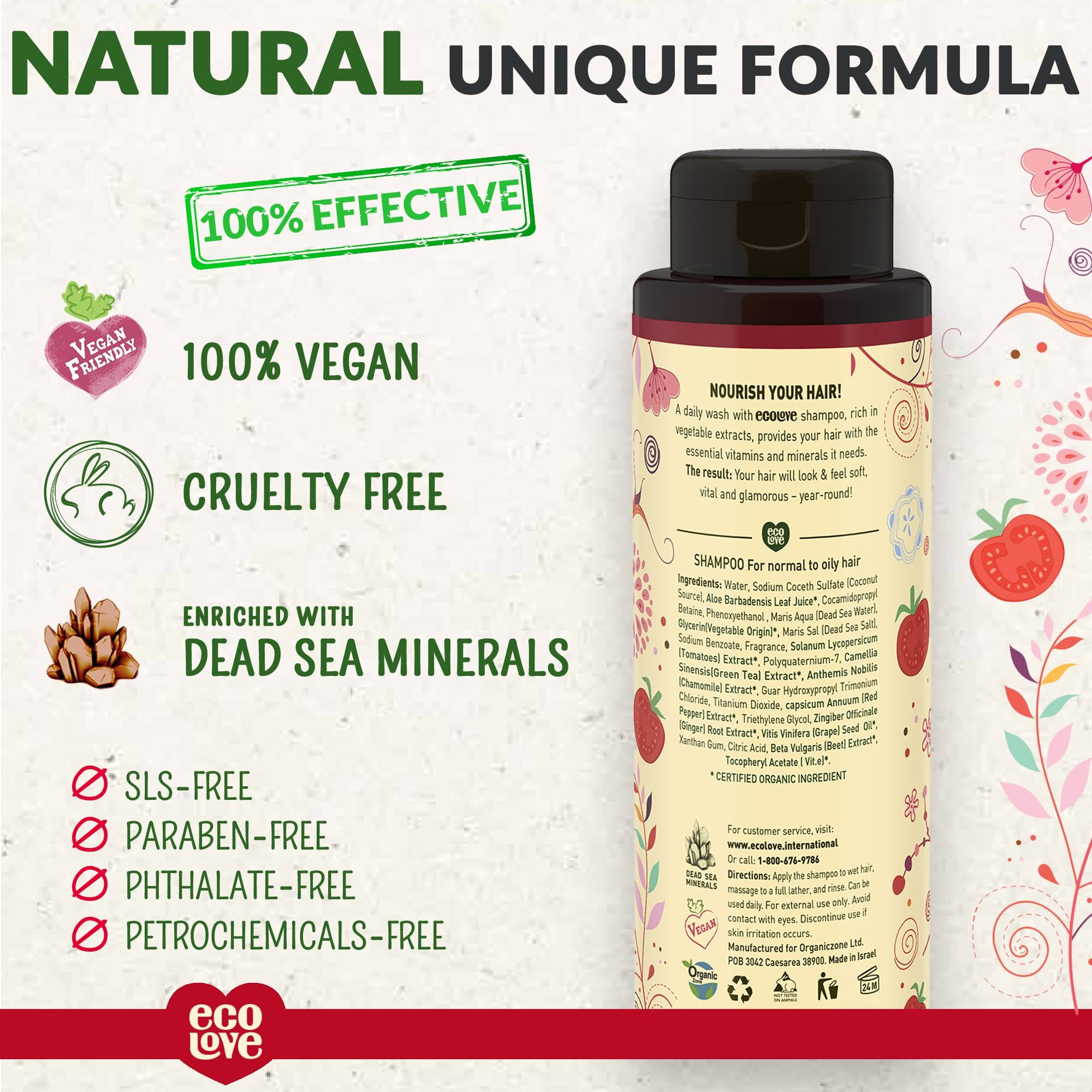 Ecolove - Natural Shampoo For Normal And Oily Hair, Sodium Lauryl Sulfate Free, Vegan & Cruelty Free Shampoo, Organic Tomato And Beet Extract, No Sls Or Parabens, 17.6 Oz