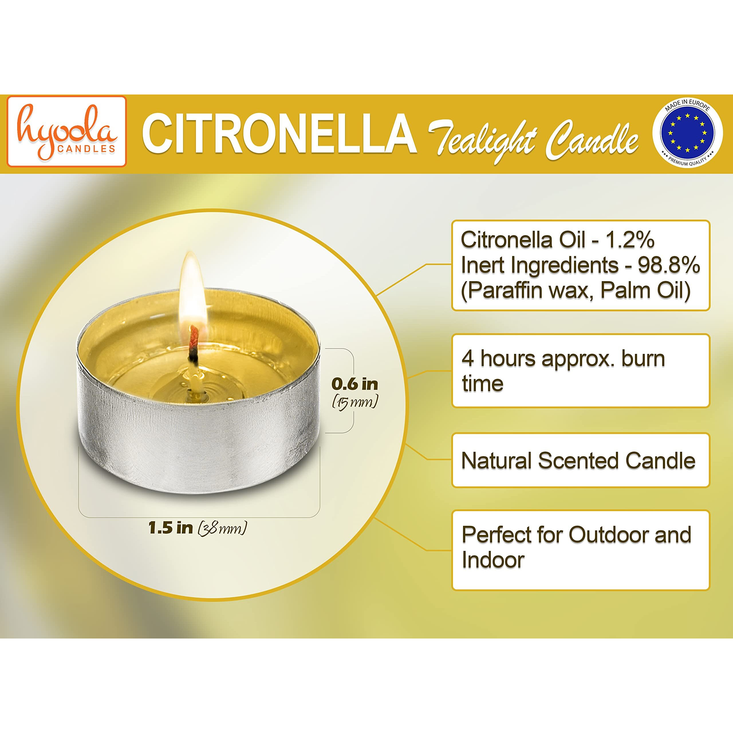 Hyoola Tealight Citronella Candles - Anti Mosquito Candle - 4 Hour Burn - 50 Pack - Deet Free