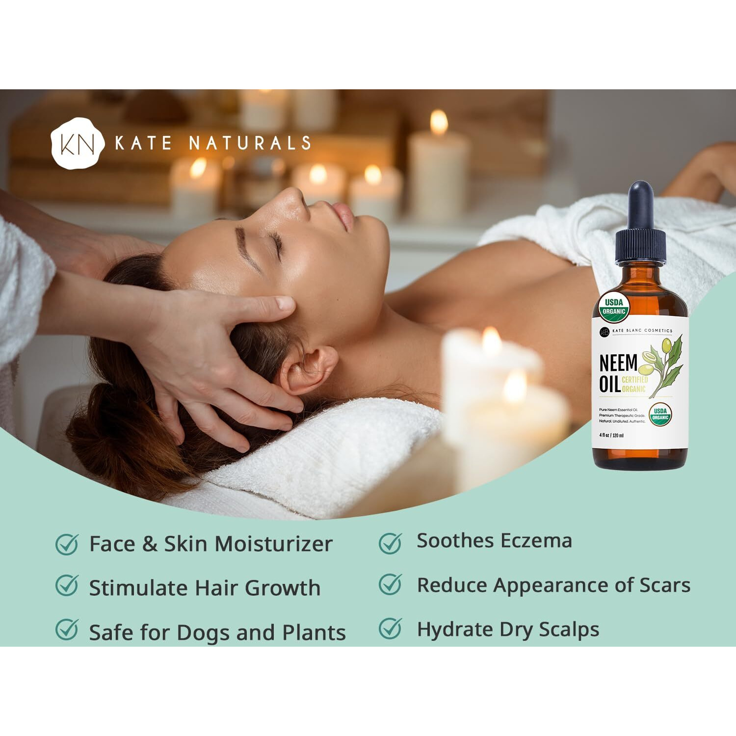 Kate Blanc Cosmetics Neem Oil For Skin, Hair & Face. Safe For Dog, Plants, Scalp & Hair Growth (4Oz, Organic, Cold Pressed, Concentrate)