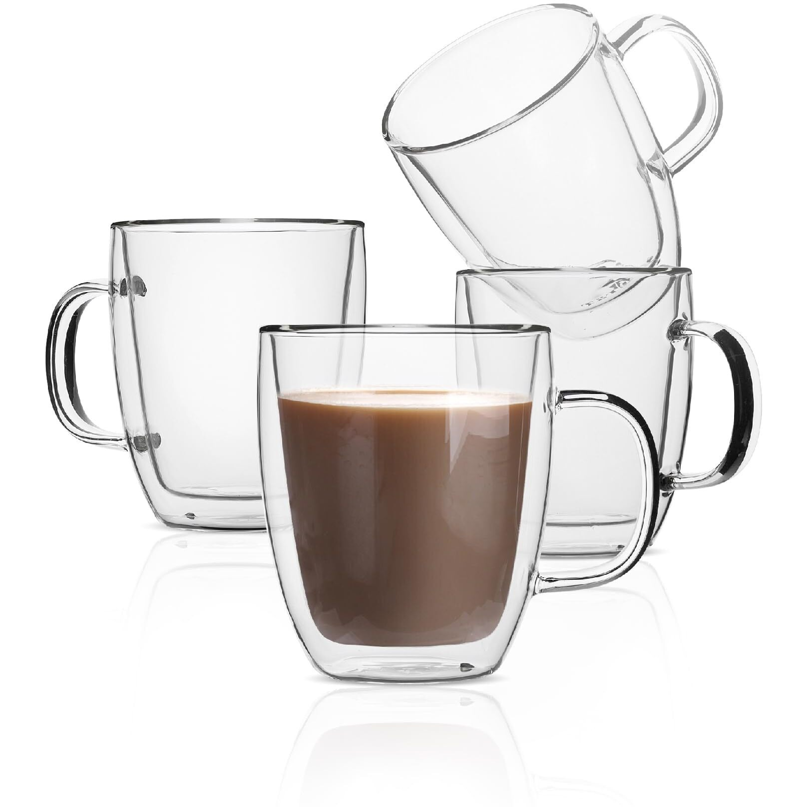 Btat- Double Wall Glass Coffee Mugs, 16 Oz, Set Of 4, Double Glass Coffee Cups, Double Wall Coffee Mugs, Double Insulated Coffee Mugs, Clear Latte Mugs, Glass Coffee Mug, Clear Mugs