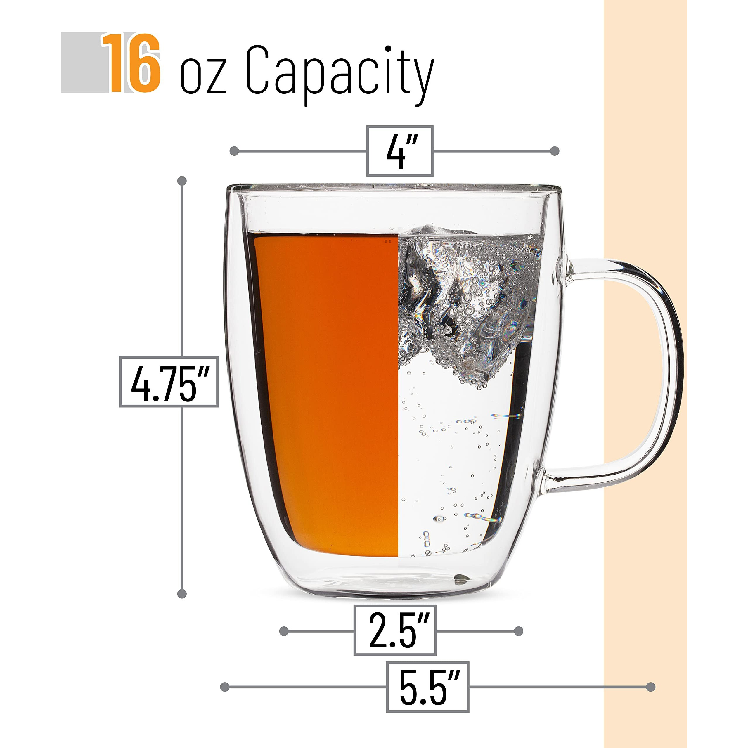 Btat- Double Wall Glass Coffee Mugs, 16 Oz, Set Of 4, Double Glass Coffee Cups, Double Wall Coffee Mugs, Double Insulated Coffee Mugs, Clear Latte Mugs, Glass Coffee Mug, Clear Mugs