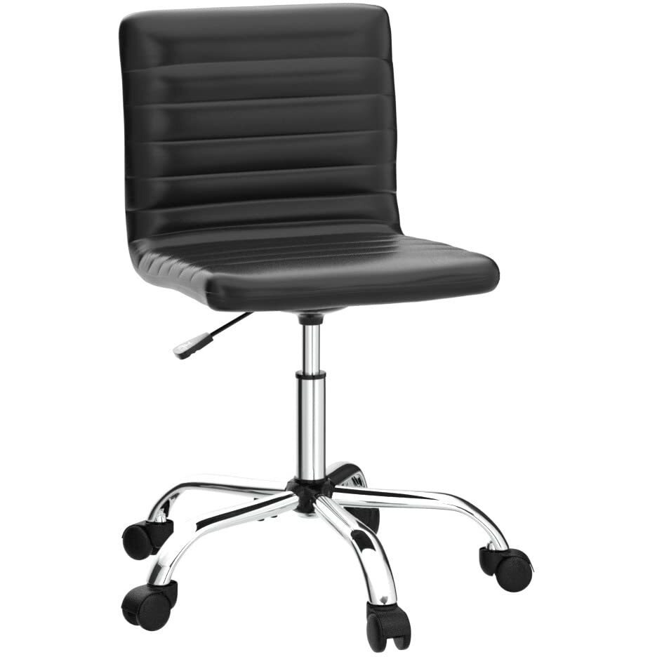 Mcq Armless Ribbed Home Desk Wheels, Faux Leather Office Adjustable Task, Mid Back Swivel Computer Chair, Jet Black
