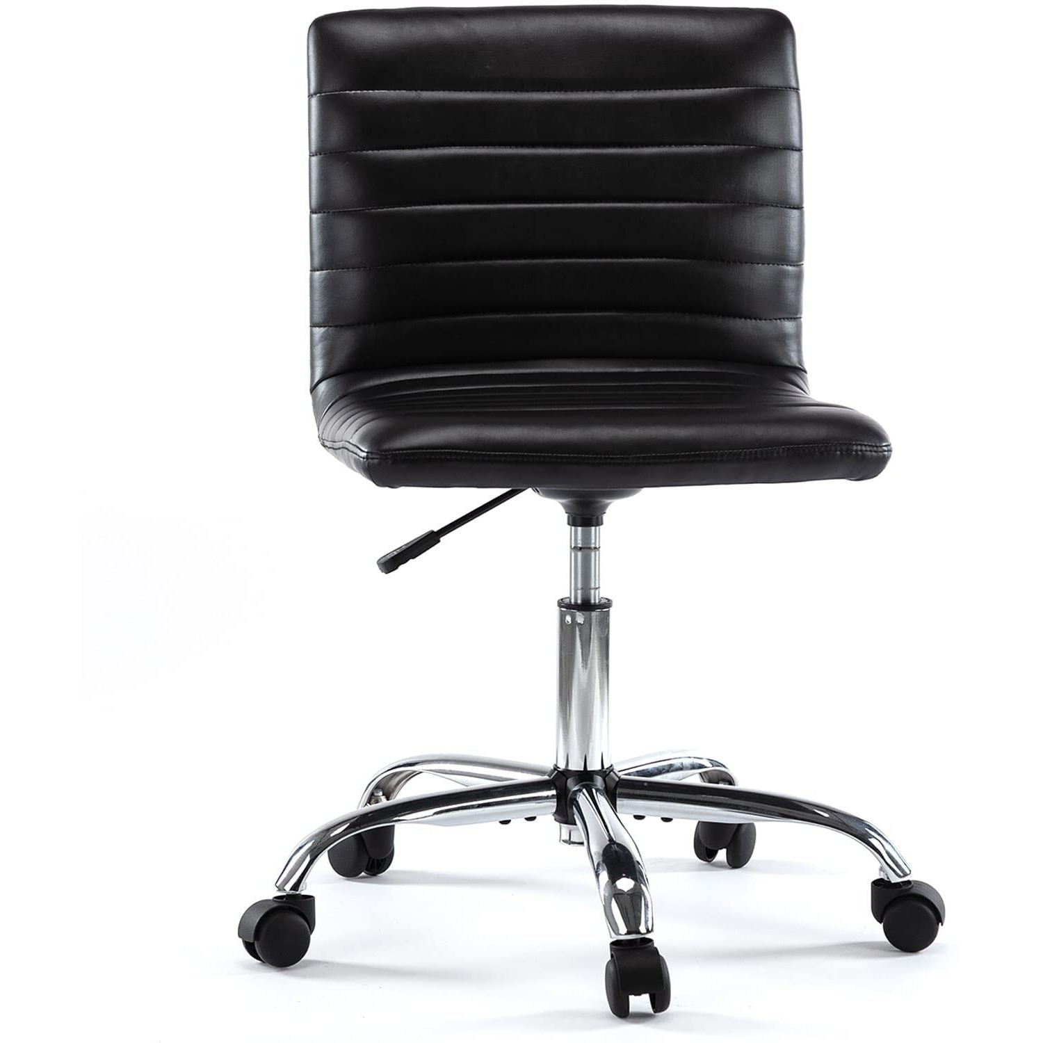 Mcq Armless Ribbed Home Desk Wheels, Faux Leather Office Adjustable Task, Mid Back Swivel Computer Chair, Jet Black