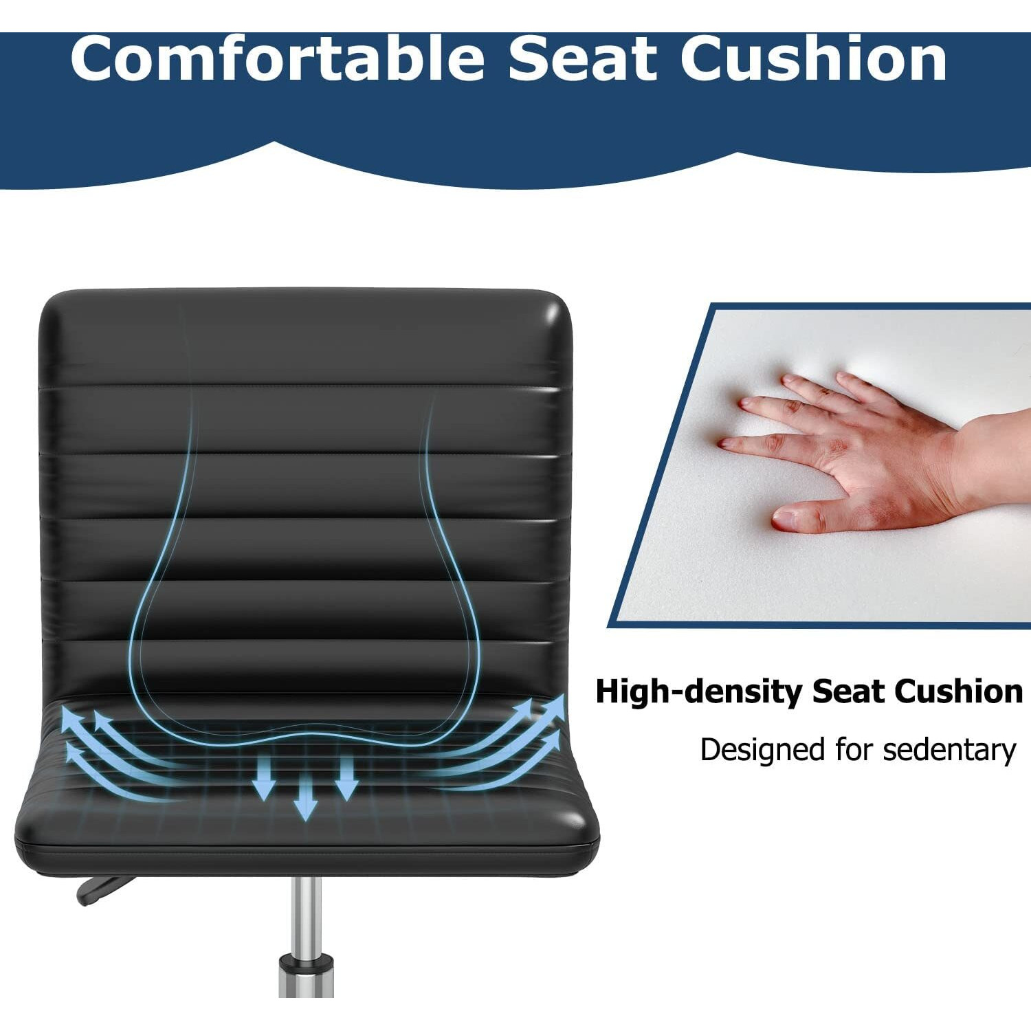 Mcq Armless Ribbed Home Desk Wheels, Faux Leather Office Adjustable Task, Mid Back Swivel Computer Chair, Jet Black