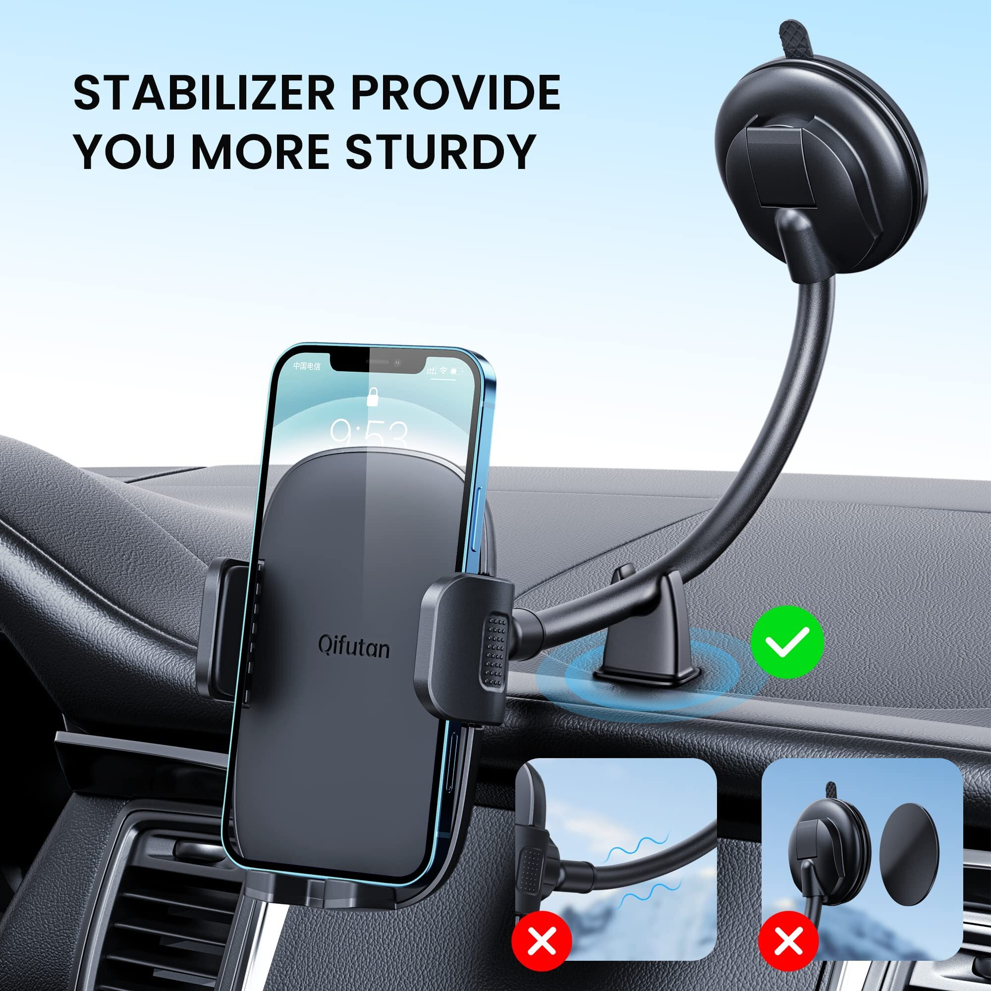 Qifutan Cell Phone Holder For Car Phone Mount Long Arm Dashboard Windshield Car Phone Holder Anti-Shake Stabilizer Phone Car Holder Compatible With All Phone Android Smartphone, Black