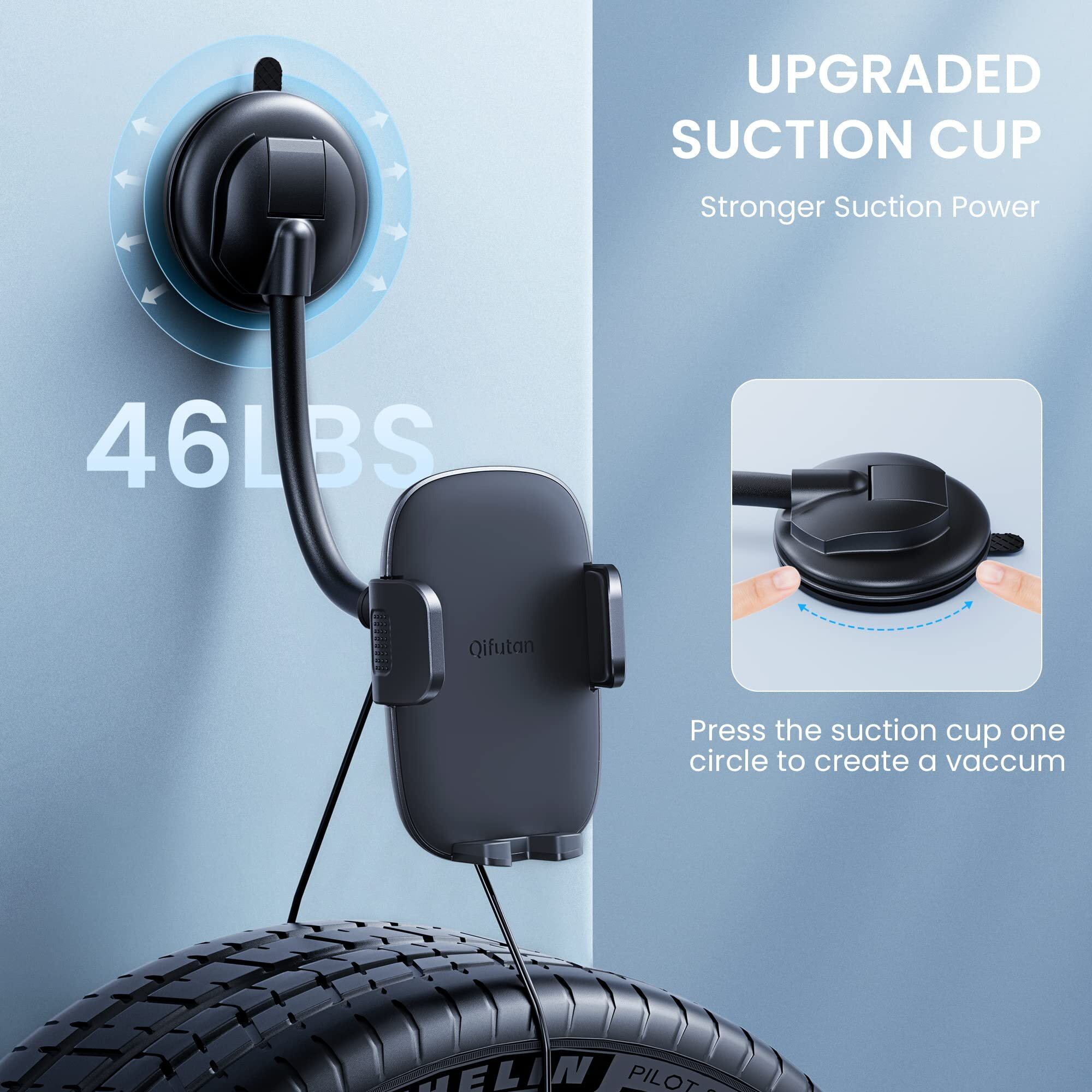 Qifutan Cell Phone Holder For Car Phone Mount Long Arm Dashboard Windshield Car Phone Holder Anti-Shake Stabilizer Phone Car Holder Compatible With All Phone Android Smartphone, Black