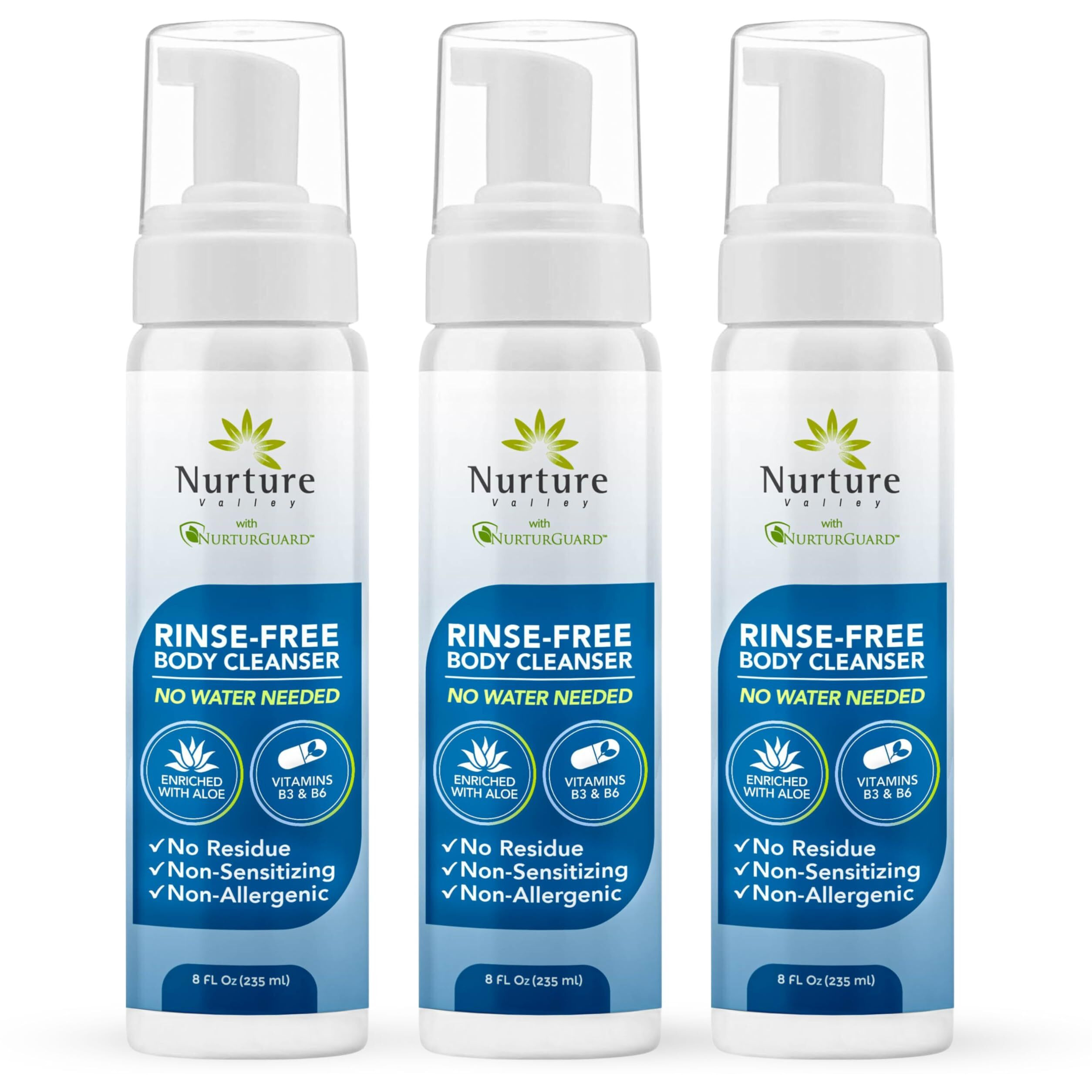 Nurture Rinse Free Waterless Foaming Cleanser | Women, Camping, Elderly & Hospital Care | Waterless Shower & Bath Wash W/Aloe For Sensitive Dry Skin