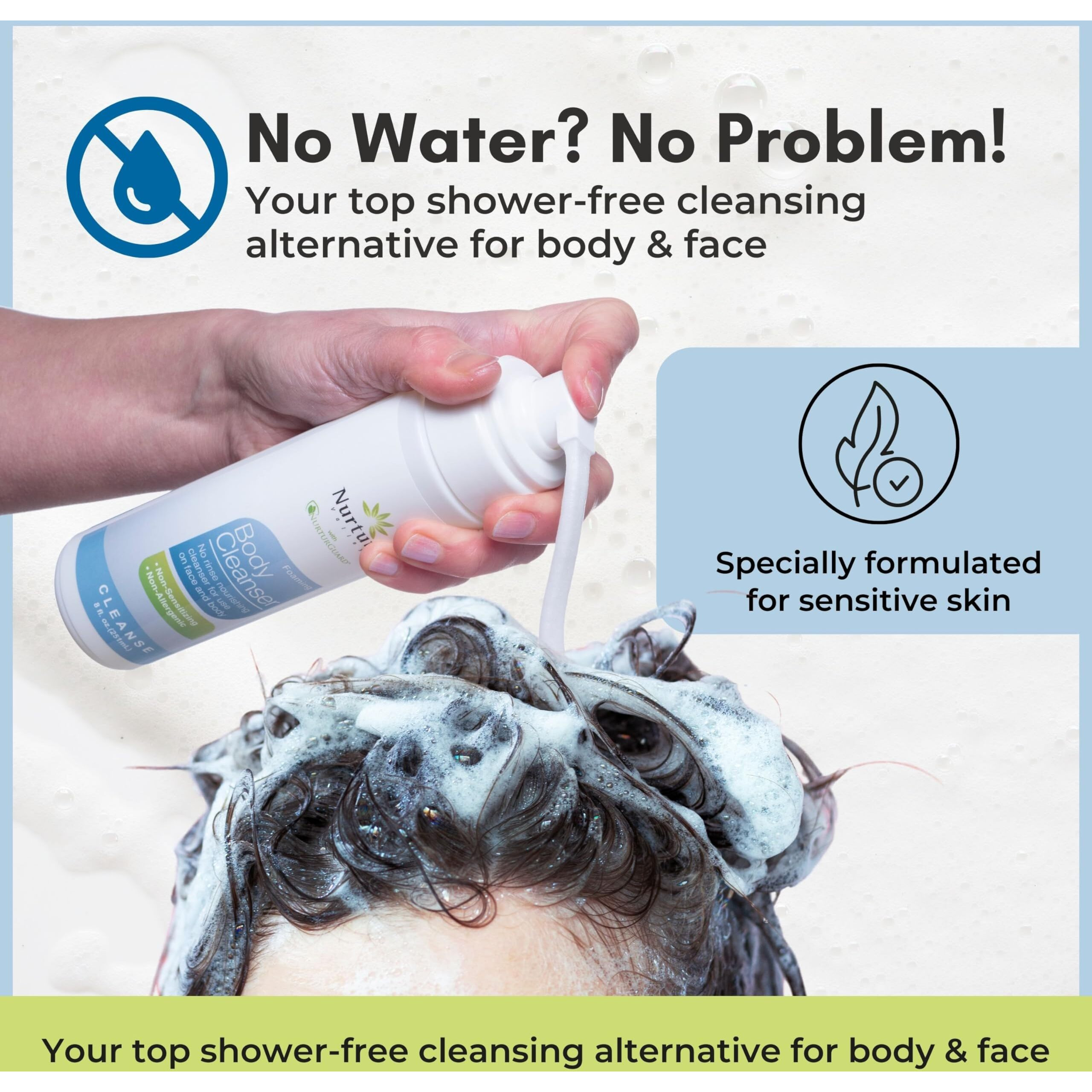 Nurture Rinse Free Waterless Foaming Cleanser | Women, Camping, Elderly & Hospital Care | Waterless Shower & Bath Wash W/Aloe For Sensitive Dry Skin