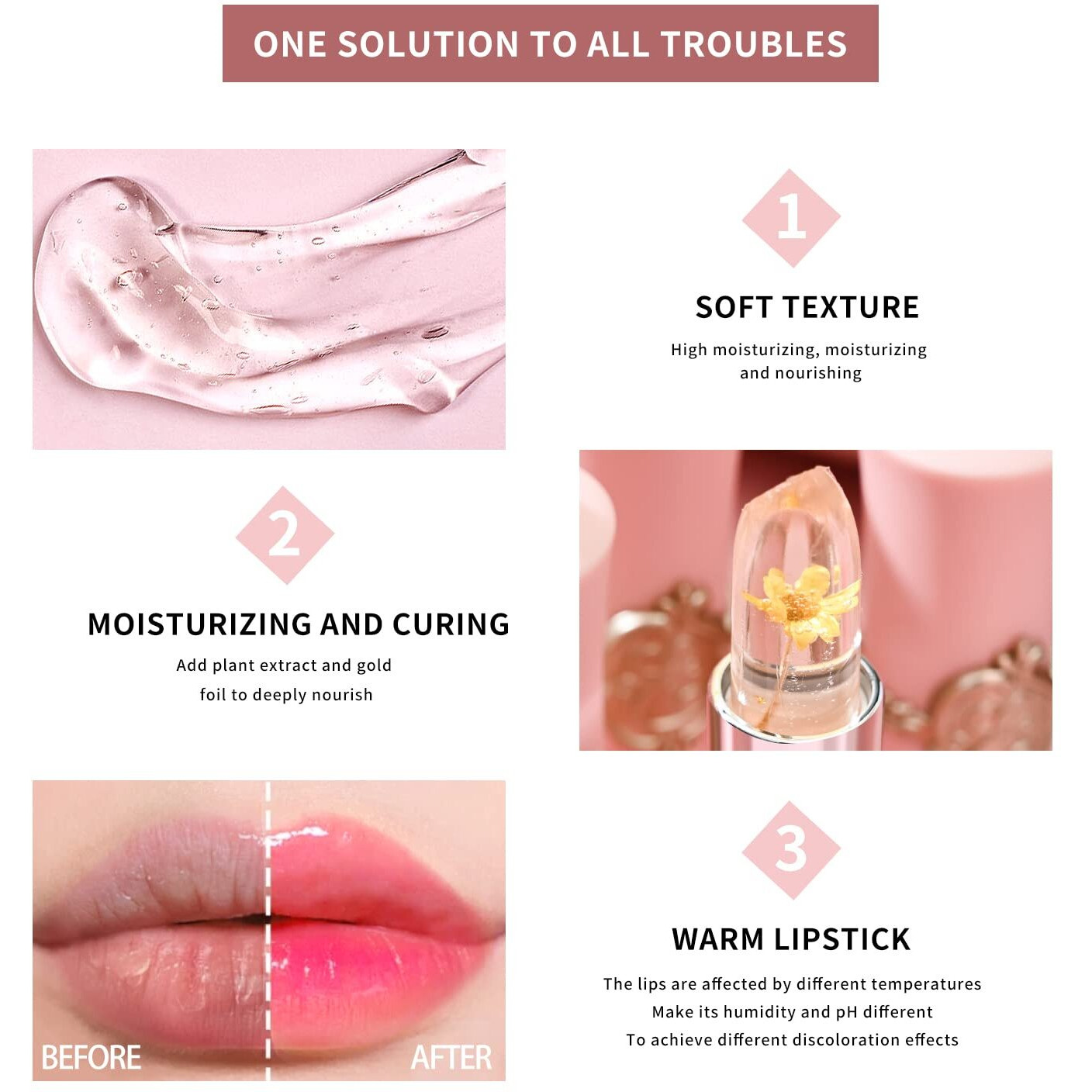 6 Pcs/Set Flower Jelly Lipstick Set Temperature Change Moisturizer Long Lasting Nutritious Balm Magic Color Change Lip Gloss