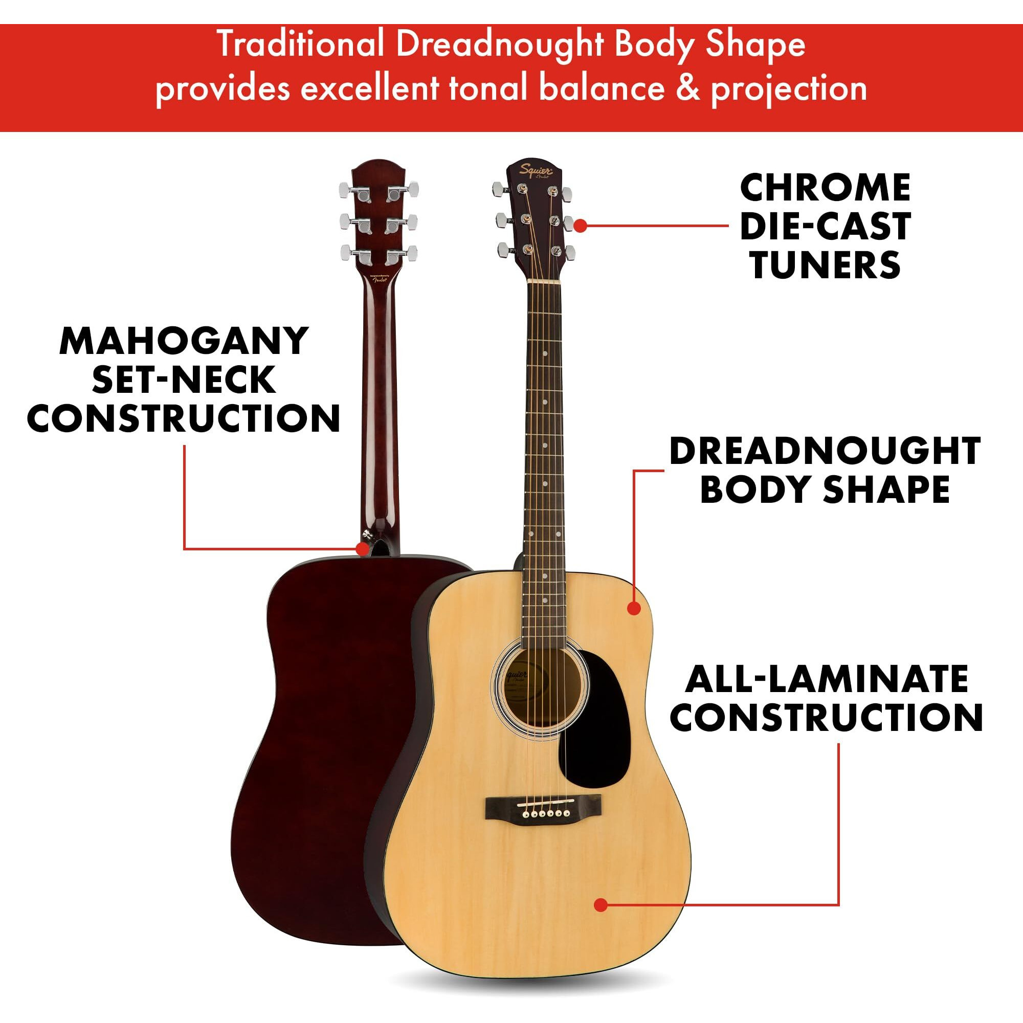 Squier By Fender Acoustic Guitar, With 2-Year Warranty, Dreadnought With Maple Fingerboard, Glossed Natural Finish, Mahogany Back And Side, Mahogany Neck, Sa-150 Model