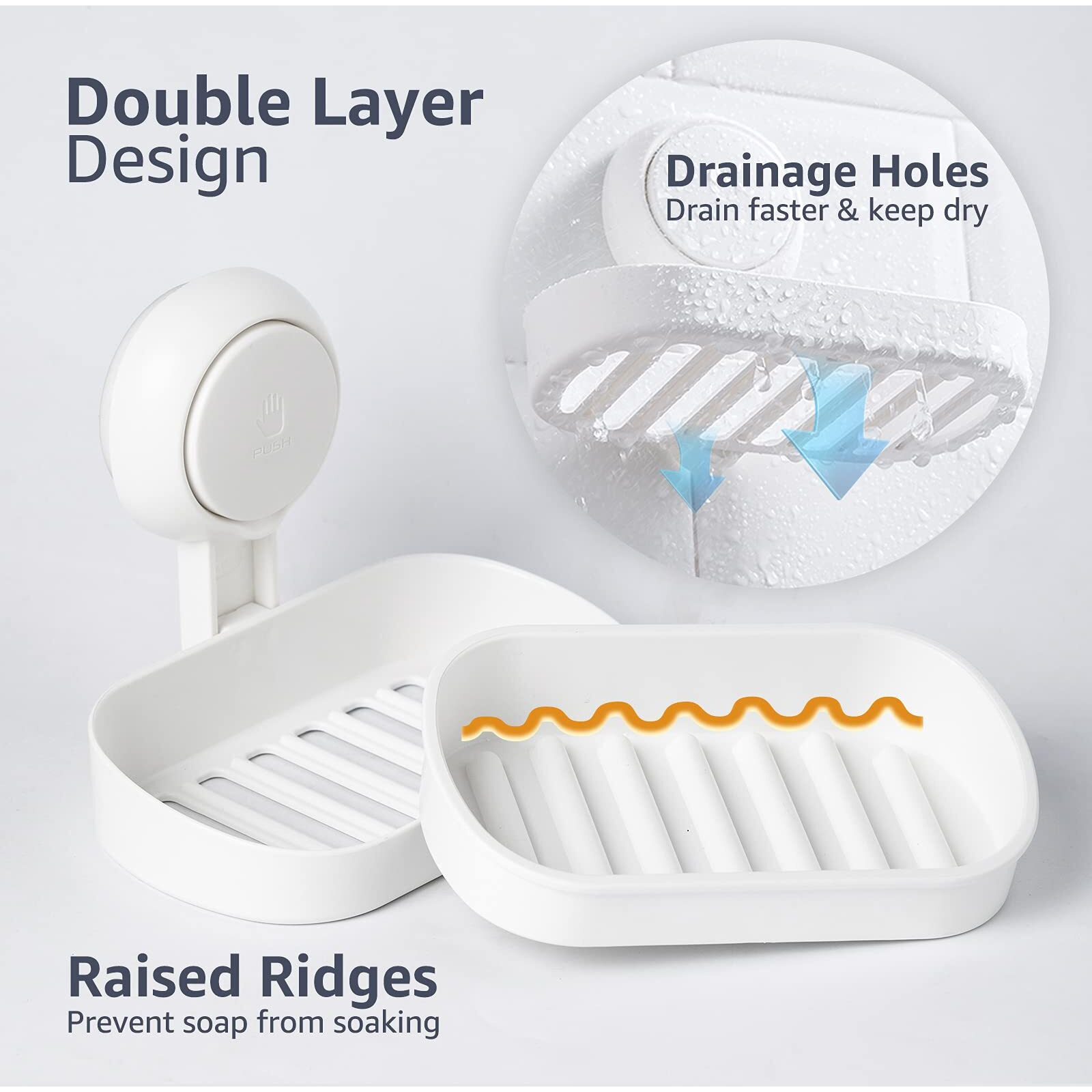 Leverloc Soap Dish Holder For Shower Suction Cup Wall Mounted Self Draining No-Drilling Removable Bar Soap Sponge Holder For Bathroom Bathtub Kitchen Sink Waterproof Strong Vacuum Suction Adhesion