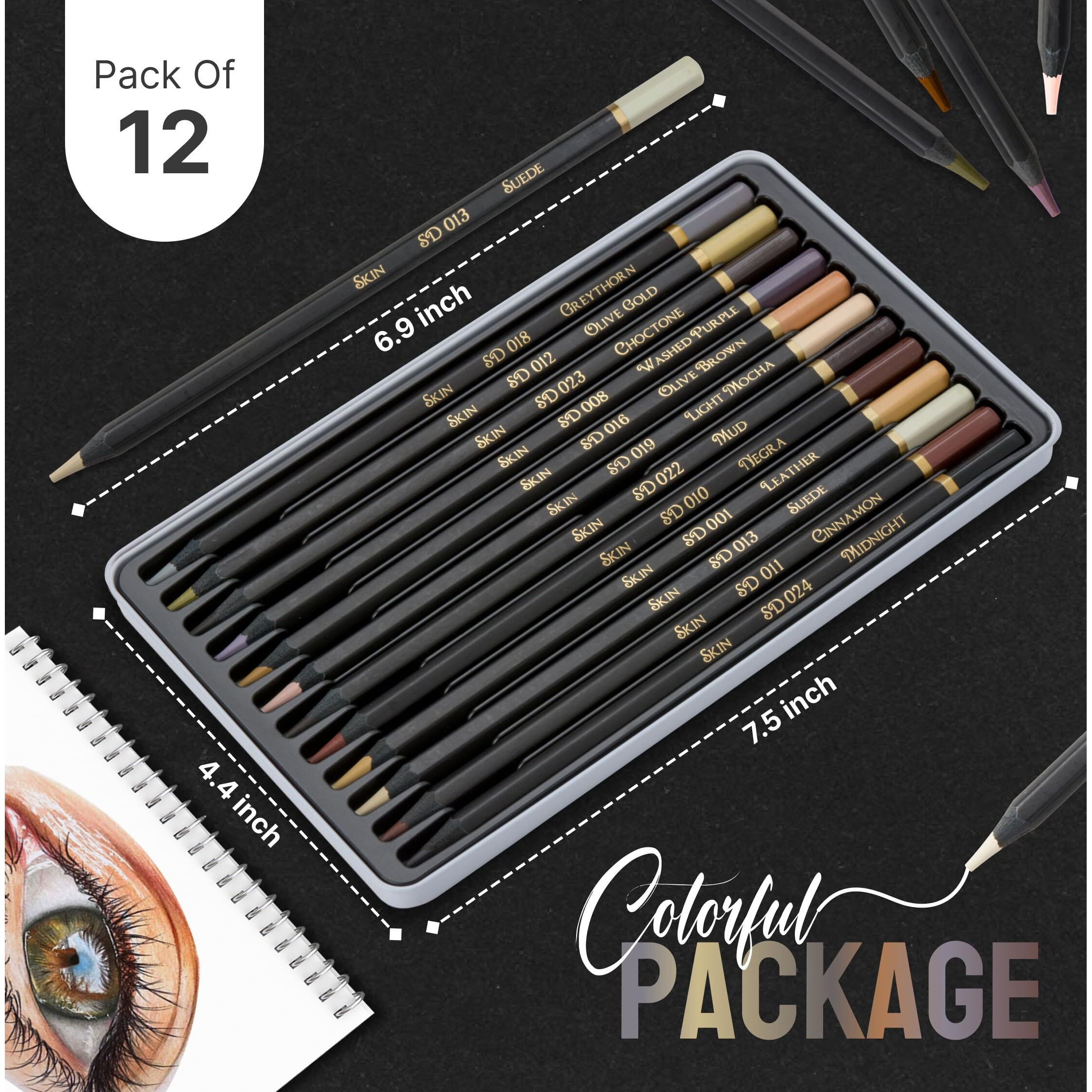 Black Widow Skin Tone Colored Pencils For Adult Coloring, 12 Color Pencils For Portraits And Skintone Artists, A Complete Color Range Of Soft Core Colored Pencils, Now With Light Fast Ratings.
