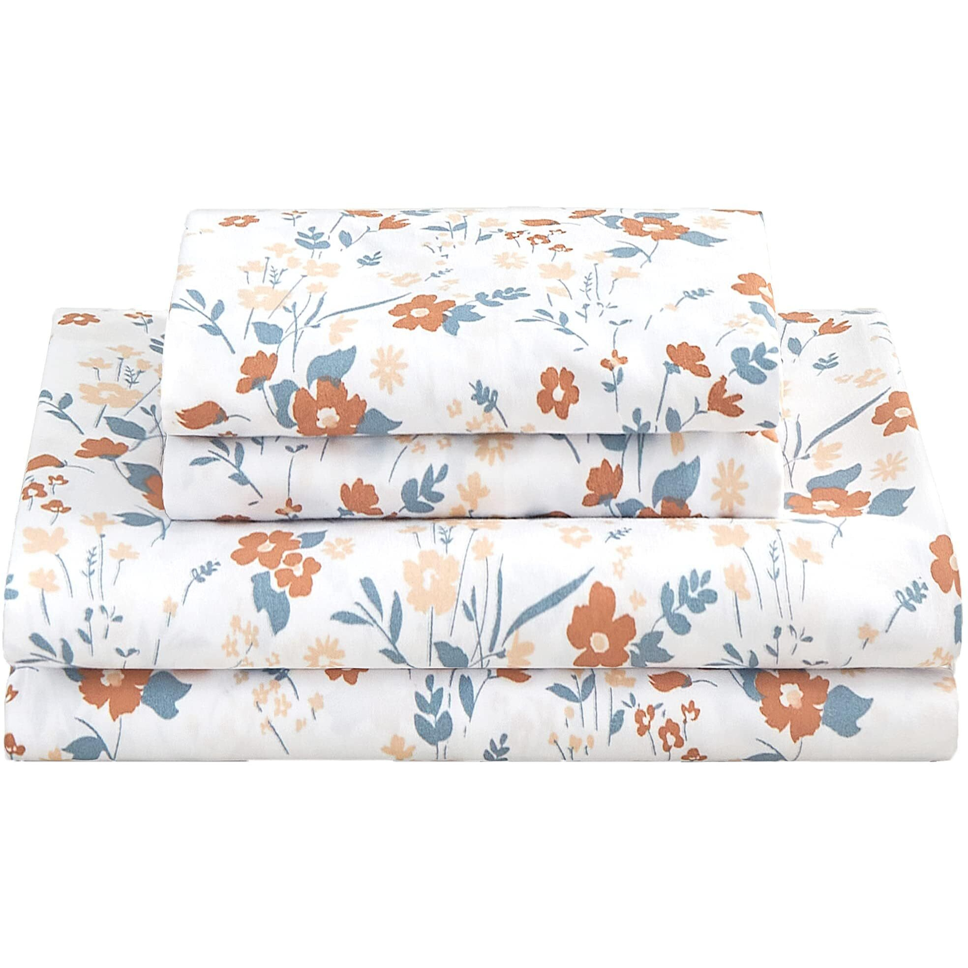 Floral Full Sheet Set Orange Flower Bed Sheets Full Printed Sheets Double - 4 Piece Soft Microfiber Patterned Fitted Sheets Full With 15"" Deep Pocket