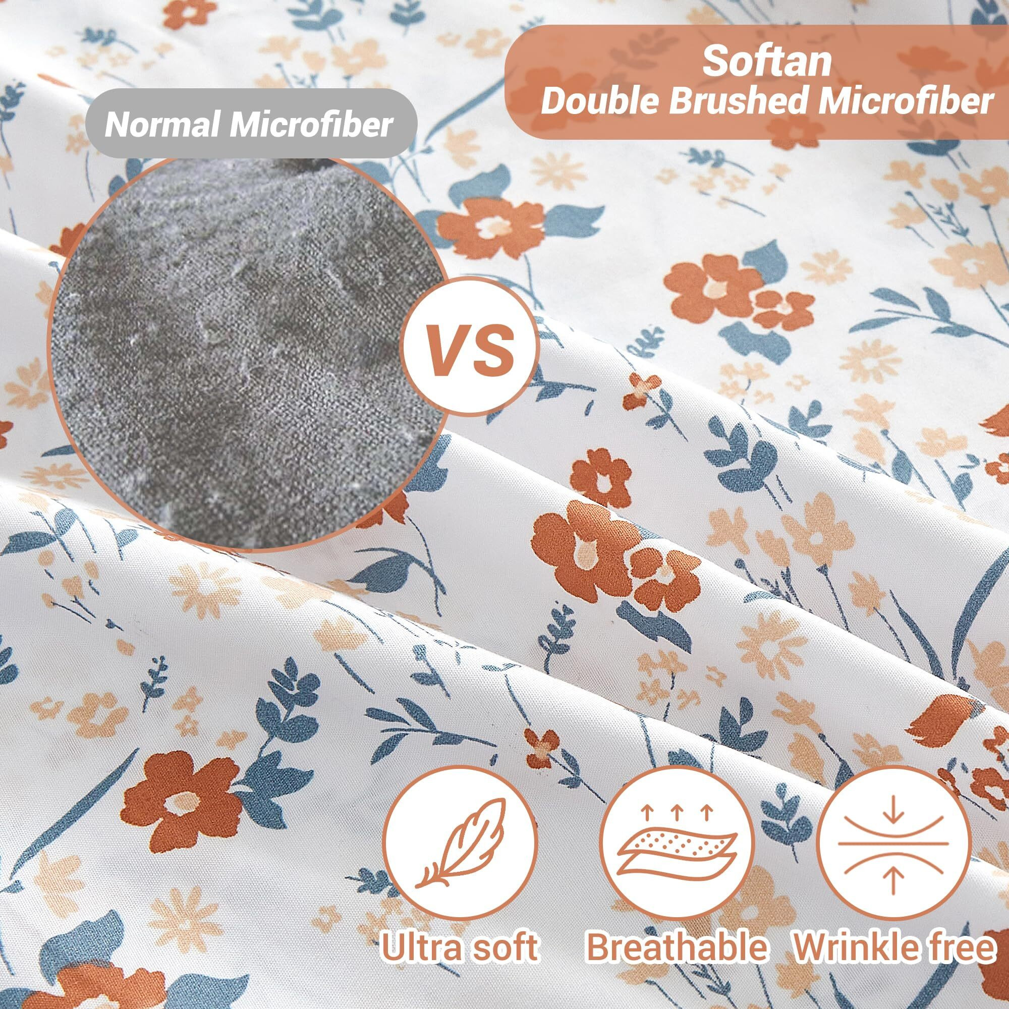 Floral Full Sheet Set Orange Flower Bed Sheets Full Printed Sheets Double - 4 Piece Soft Microfiber Patterned Fitted Sheets Full With 15"" Deep Pocket
