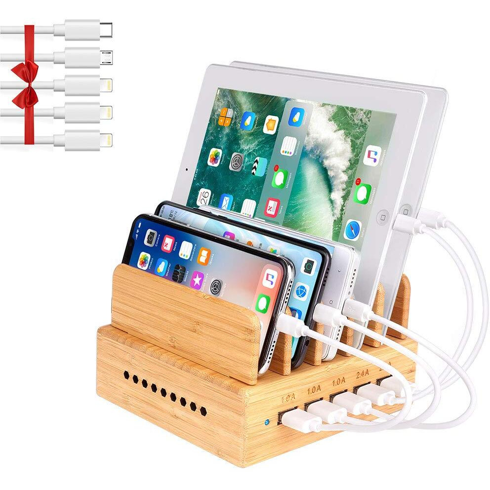Othoking Bamboo Charging Station, Wood Charging Station For Multiple Devices With 5 Ports Usb Charger Docking Station For Iphone, Ipad,Tablet, And Android Cell Phone