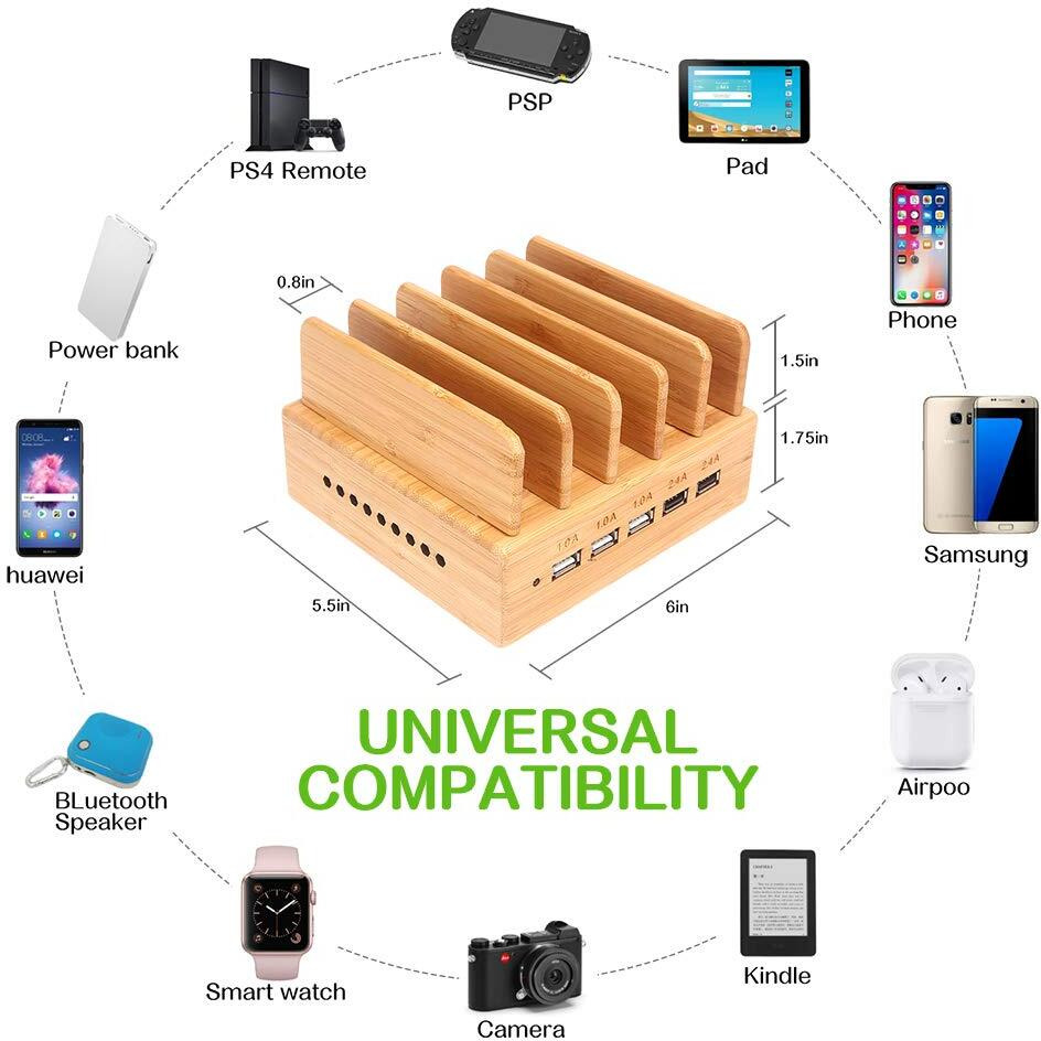 Othoking Bamboo Charging Station, Wood Charging Station For Multiple Devices With 5 Ports Usb Charger Docking Station For Iphone, Ipad,Tablet, And Android Cell Phone
