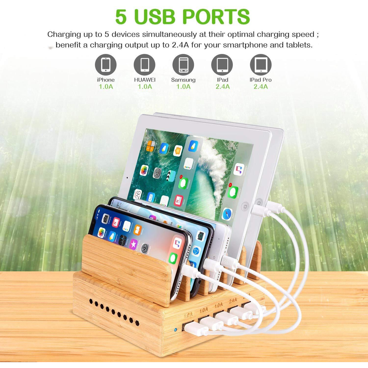 Othoking Bamboo Charging Station, Wood Charging Station For Multiple Devices With 5 Ports Usb Charger Docking Station For Iphone, Ipad,Tablet, And Android Cell Phone