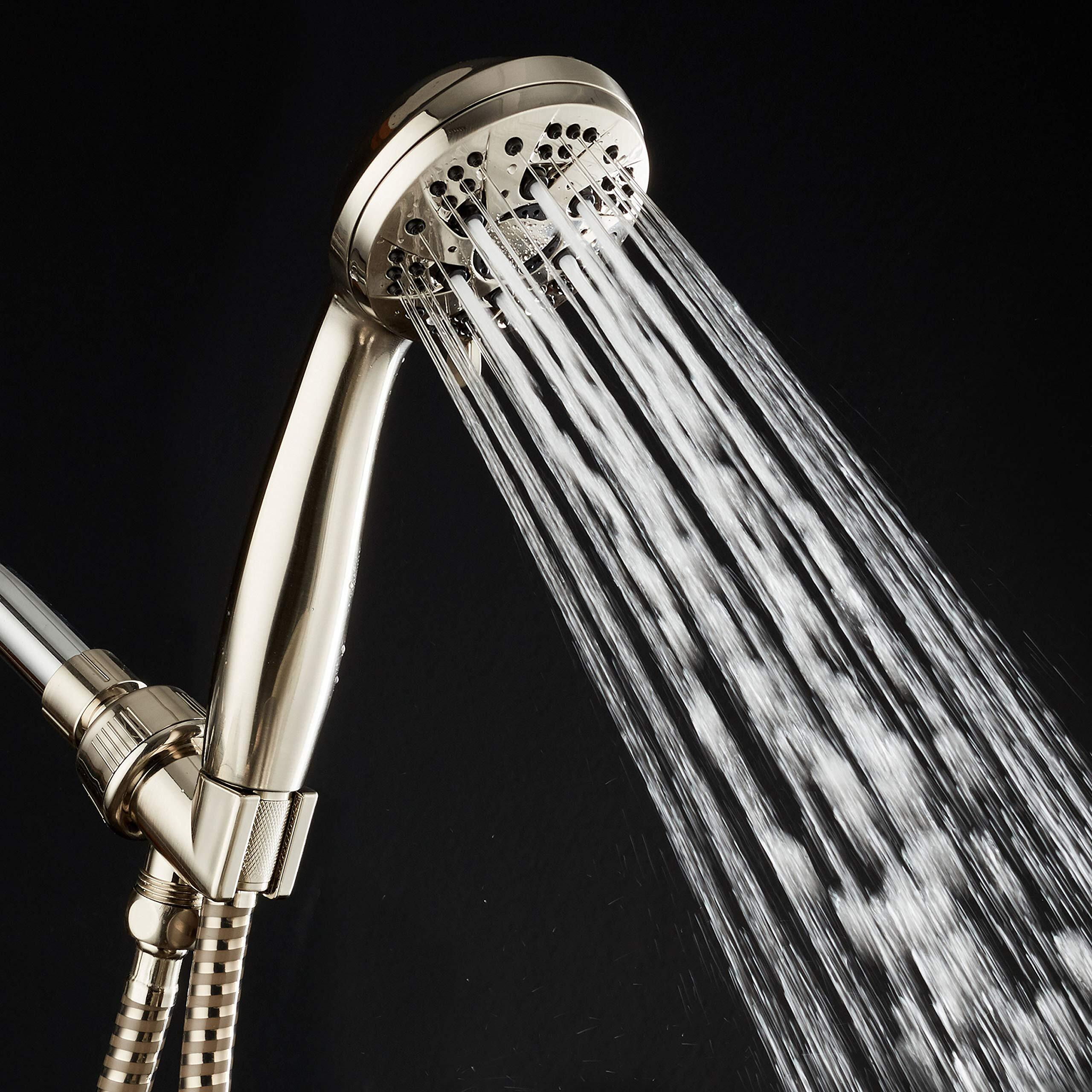 Aquadance Brushed Nickel High Pressure 6-Setting Hand Held Shower Head With Extra-Long 6 Foot Hose & Bracket - Anti-Clog Nozzles-Usa Standard Certified-Top U.S. Brand