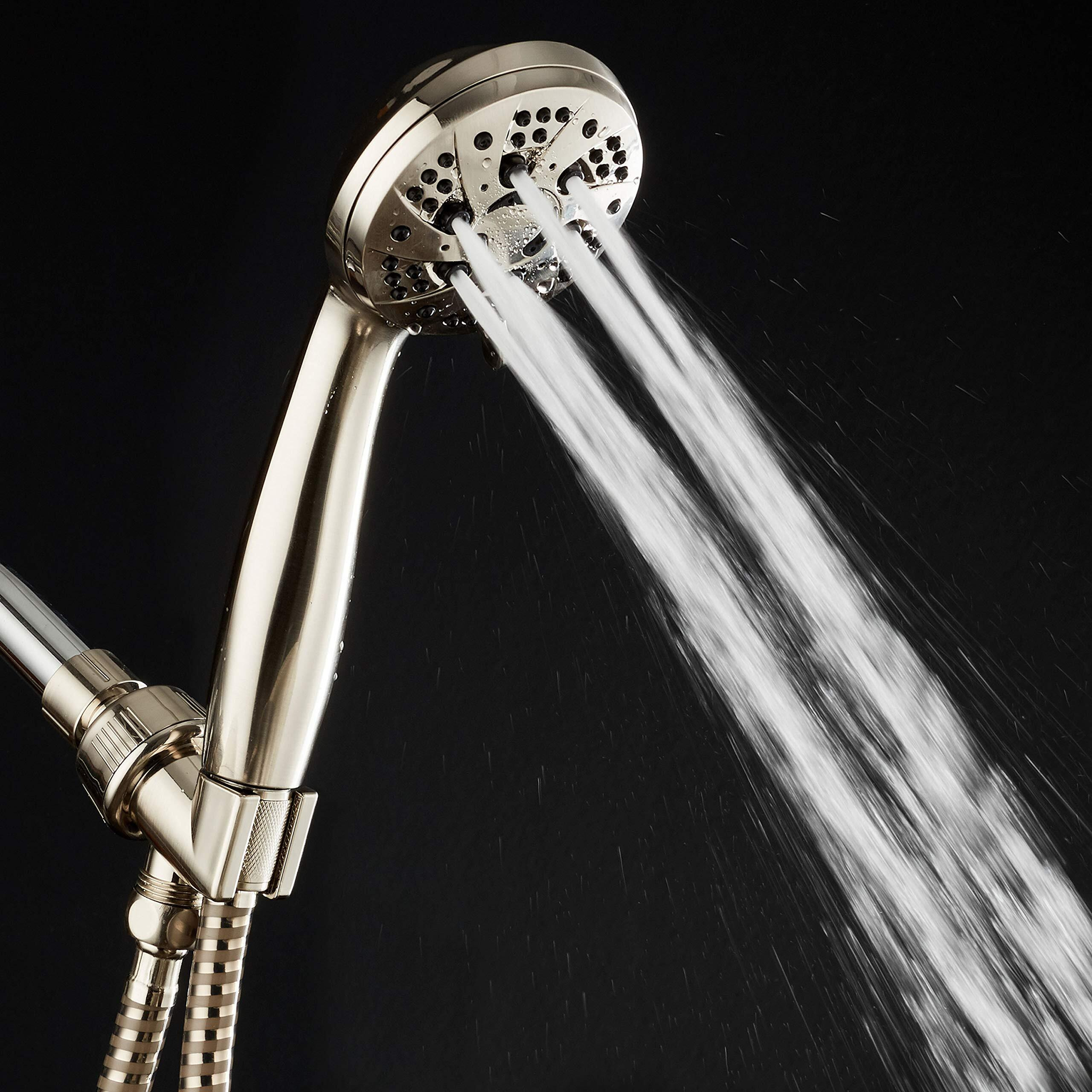 Aquadance Brushed Nickel High Pressure 6-Setting Hand Held Shower Head With Extra-Long 6 Foot Hose & Bracket - Anti-Clog Nozzles-Usa Standard Certified-Top U.S. Brand