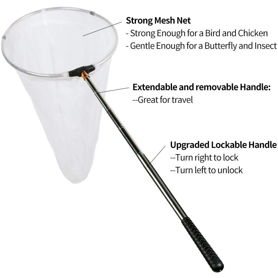 Restcloud Insect And Butterfly Net With 12"" Ring, 24"" Net Depth, Handle Extends To 59 Inches For Adults And Kids (12"" Ring, 59"" Handle)