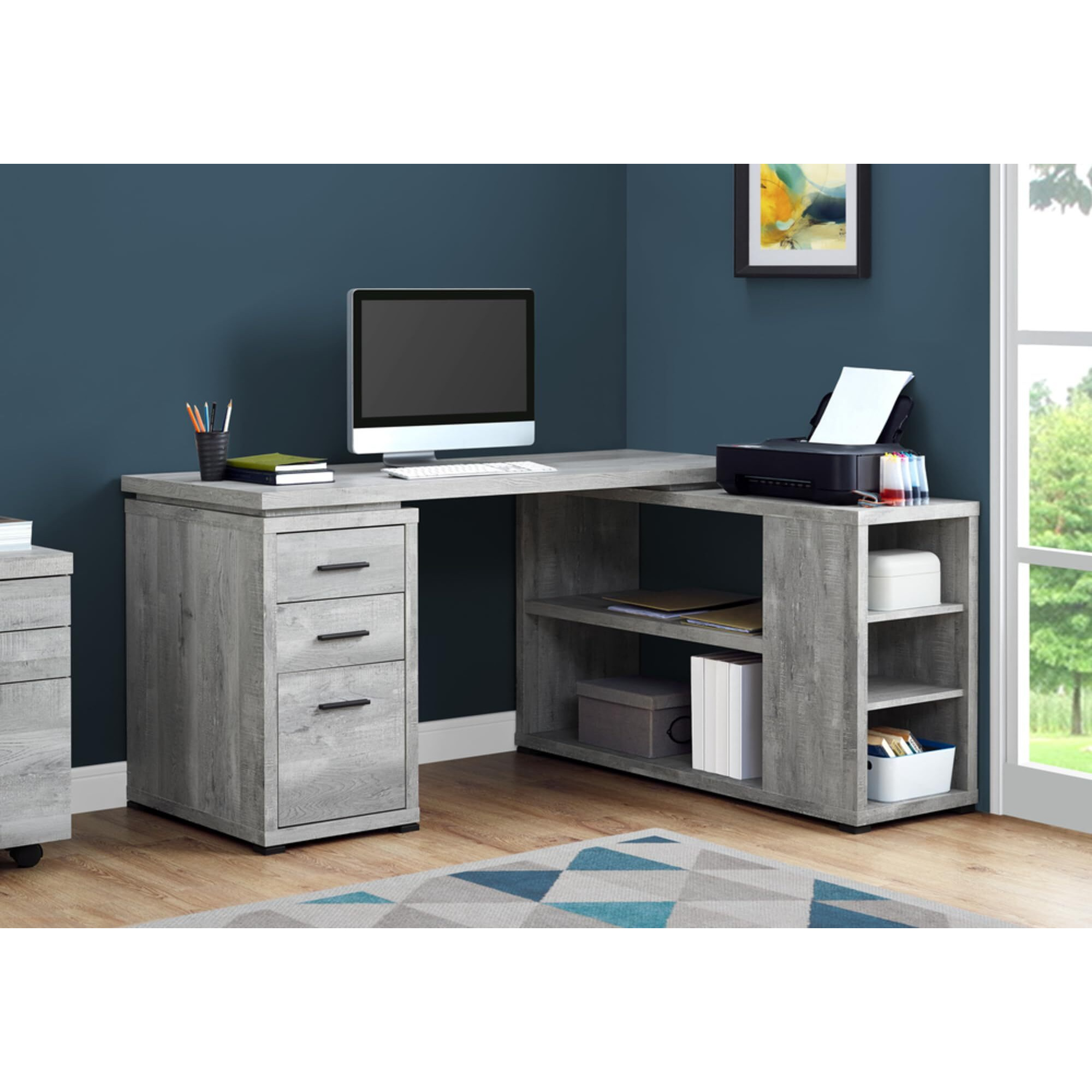 Monarch Specialties Computer Desk L-Shaped Corner Desk With Storage - Left Or Right Facing - 60"&quotL (Grey Reclaimed Wood Look)