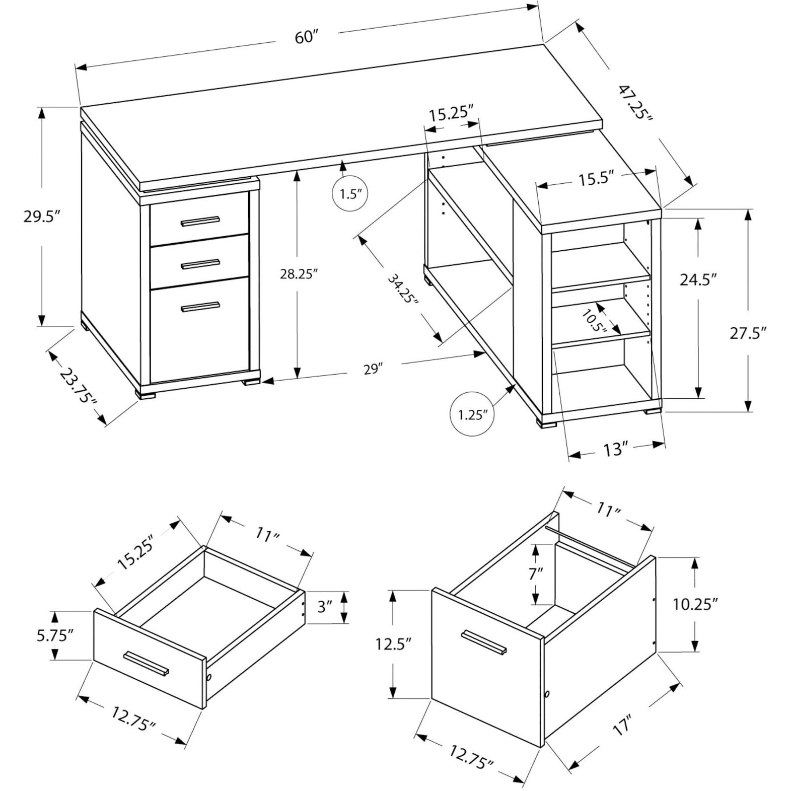Monarch Specialties Computer Desk L-Shaped Corner Desk With Storage - Left Or Right Facing - 60"&quotL (Grey Reclaimed Wood Look)