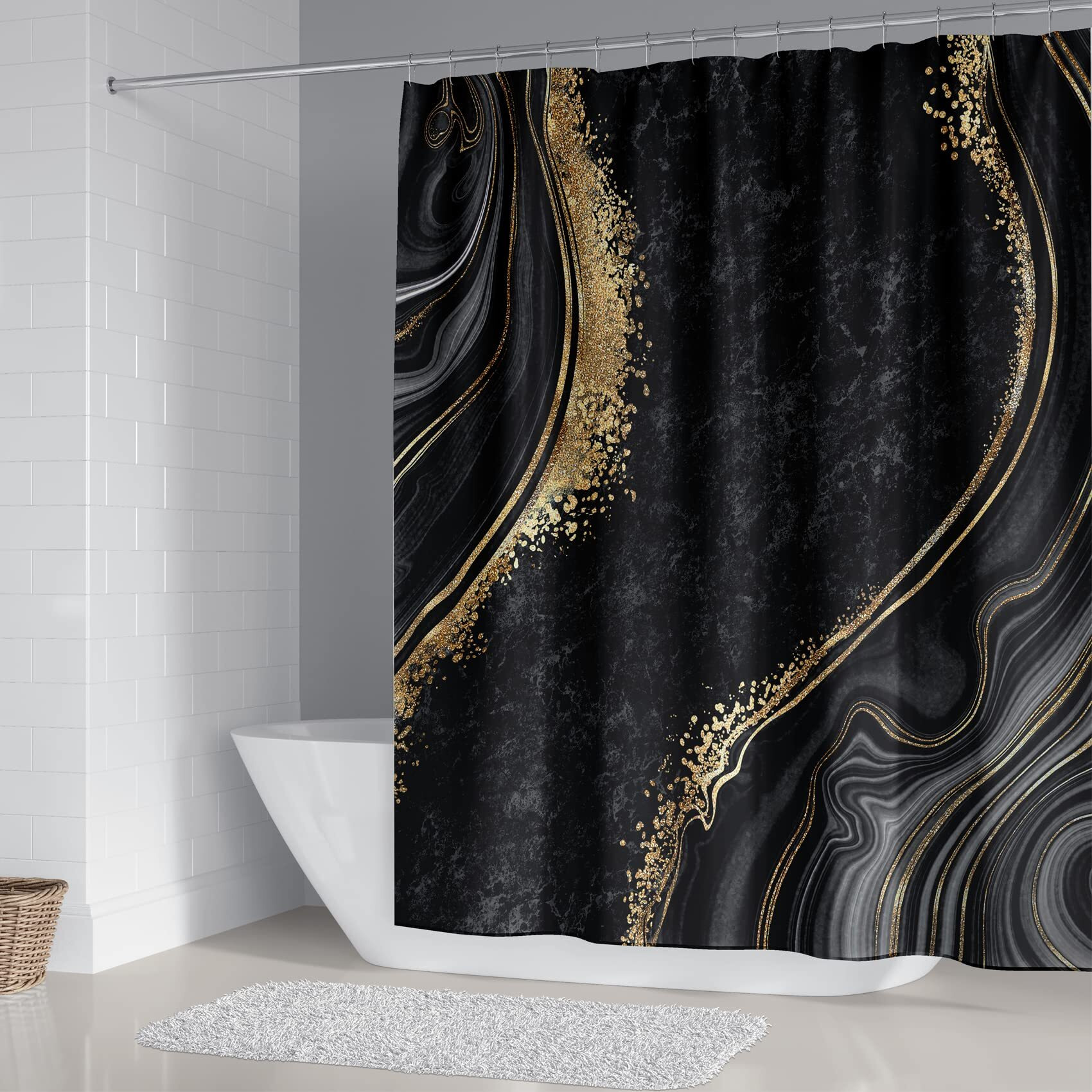 Beifivcl 4Pcs Luxury Marble Shower Curtain Sets, Bathroom Sets With Shower Curtain, Toilet Lid Rug, Bath Mat And Contour Mat, Shower Curtain With 12 Hooks For Bathroom Set Decor 72 X 72 Inch, Black