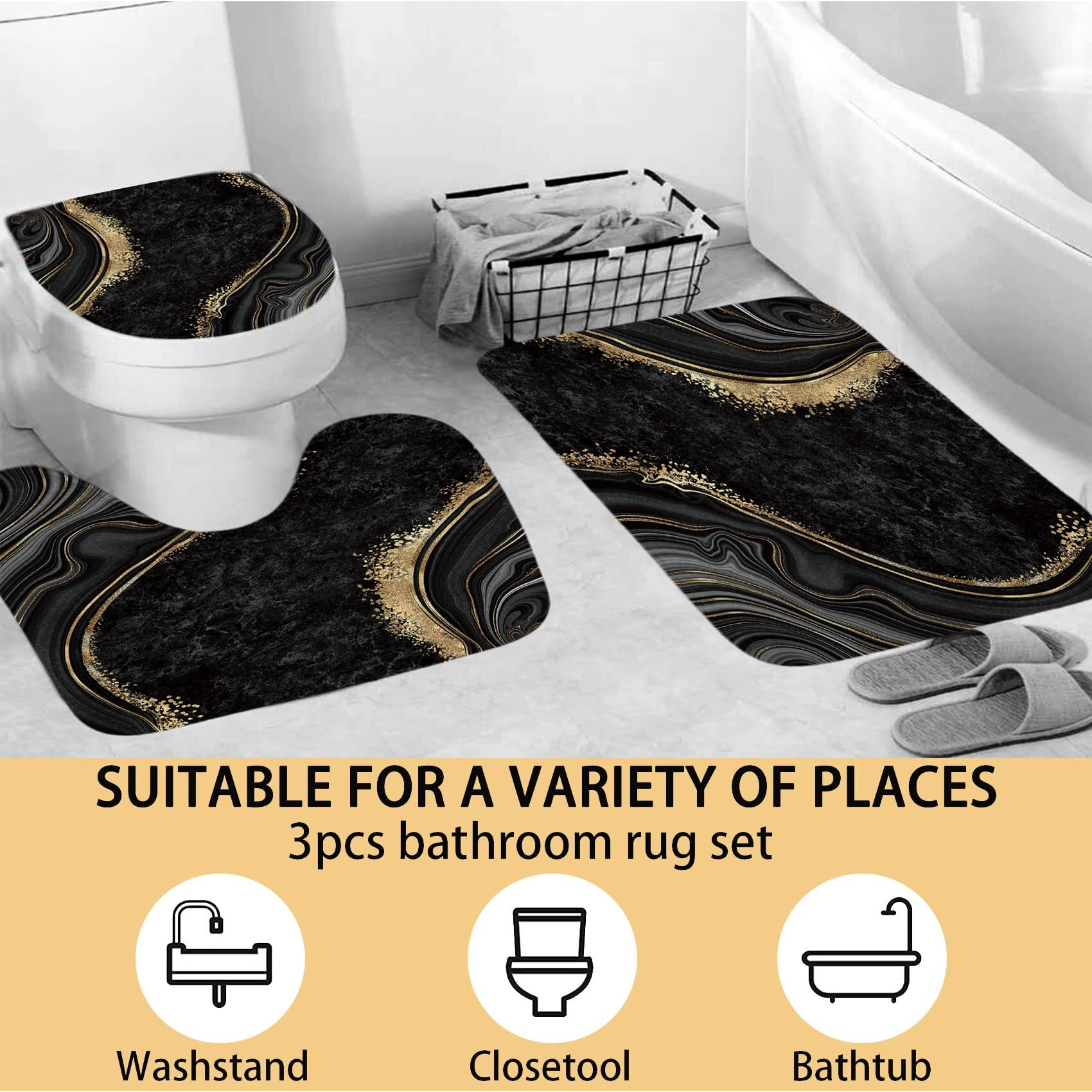 Beifivcl 4Pcs Luxury Marble Shower Curtain Sets, Bathroom Sets With Shower Curtain, Toilet Lid Rug, Bath Mat And Contour Mat, Shower Curtain With 12 Hooks For Bathroom Set Decor 72 X 72 Inch, Black