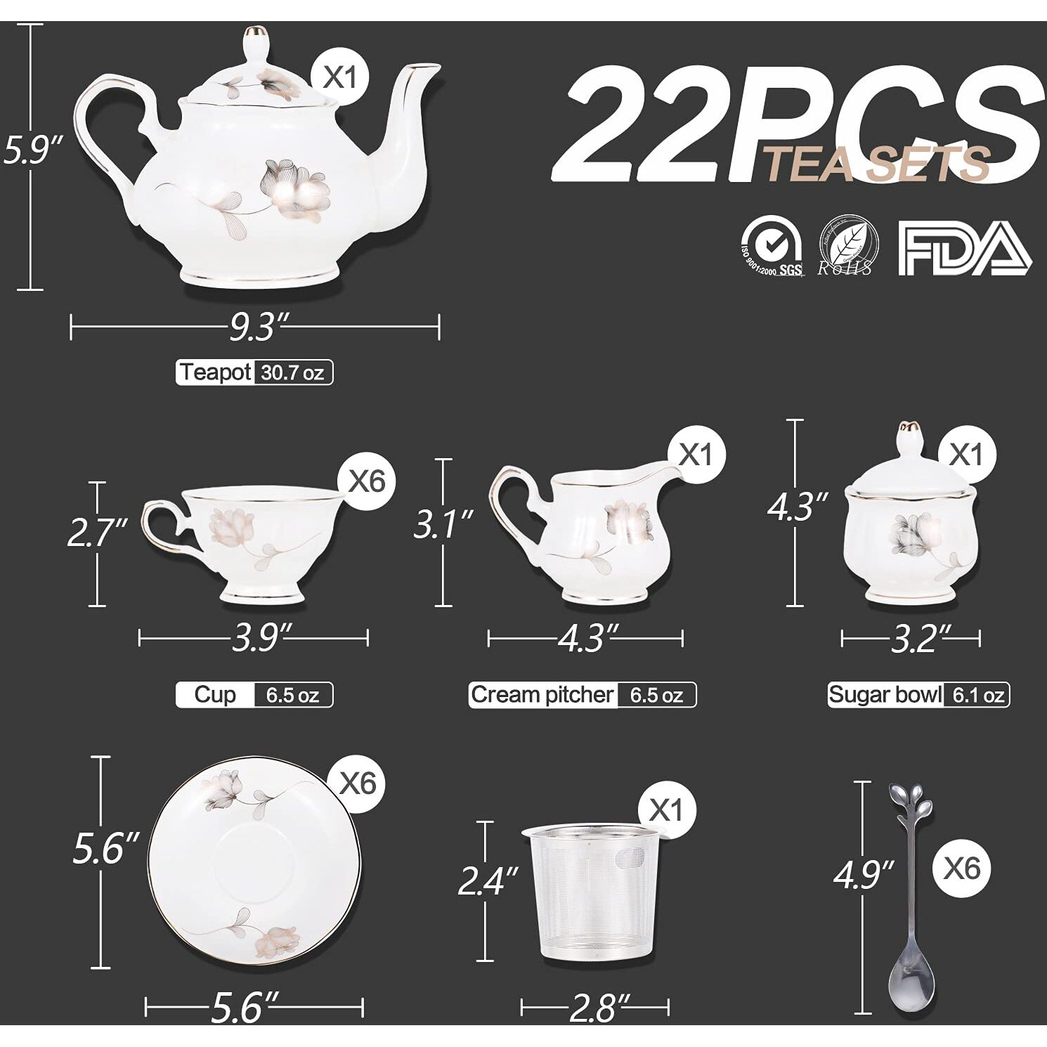 Chenp.Hmc Porcelain Ceramic 22-Piece Tea Set, Teapot And Cup Set, 30.7 Ounces, For 6, Gift Sets, Tea Or Coffee Lovers, Wedding, Birthday