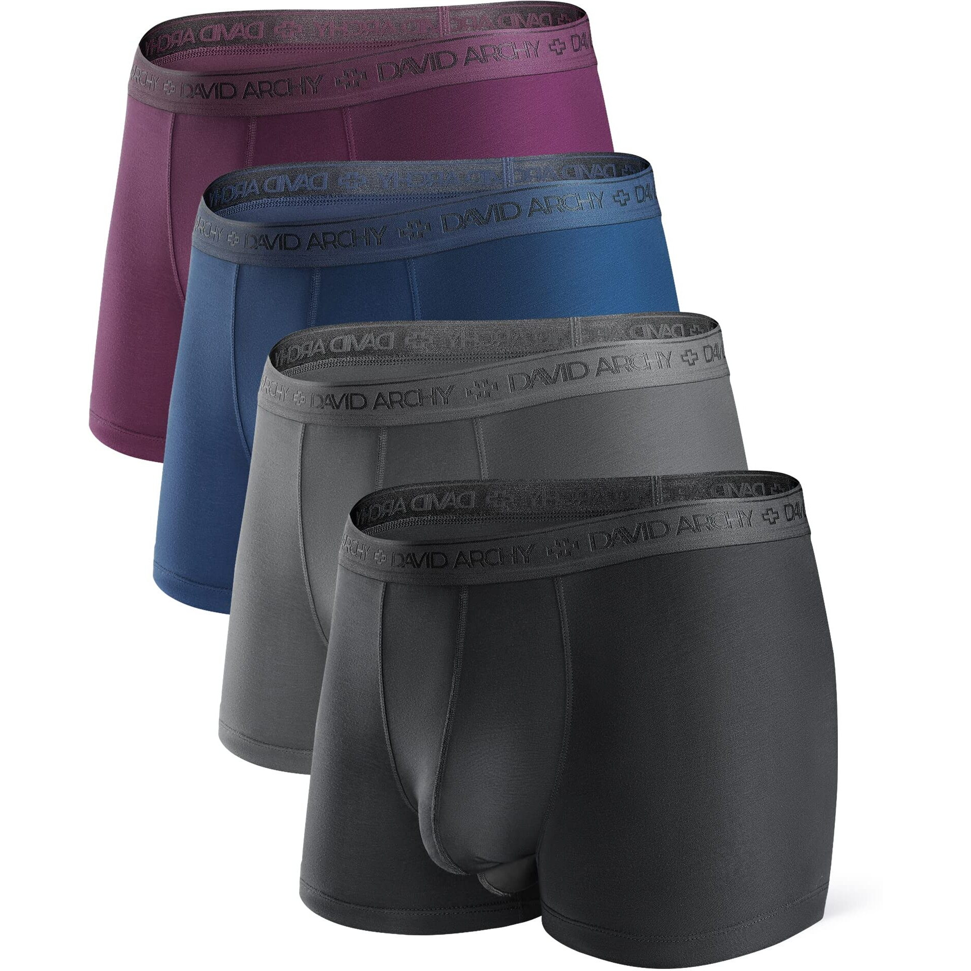 David Archy Men's Underwear Micro Modal Dual Pouch Trunks Support Ball Pouch Bulge Enhancing Boxer Briefs For Men 3 Or 4 Pack(L,Black/Dark Gray/Navy Blue/Wine)