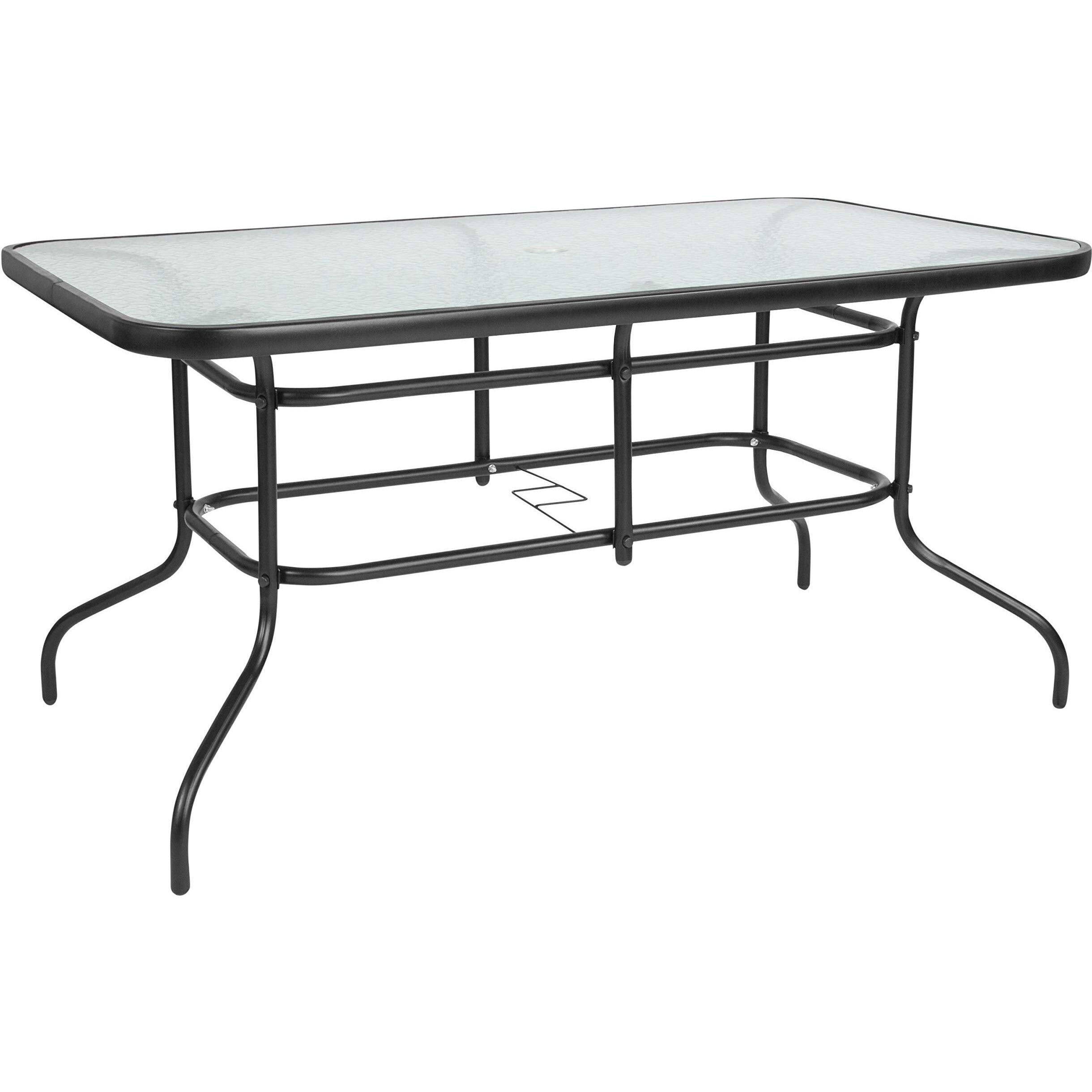 Flash Furniture Tory 31.5"" X 55"" Rectangular Tempered Glass Metal Patio Table With Umbrella Hole, Modern Rippled Glass Outdoor Dining Table, Black