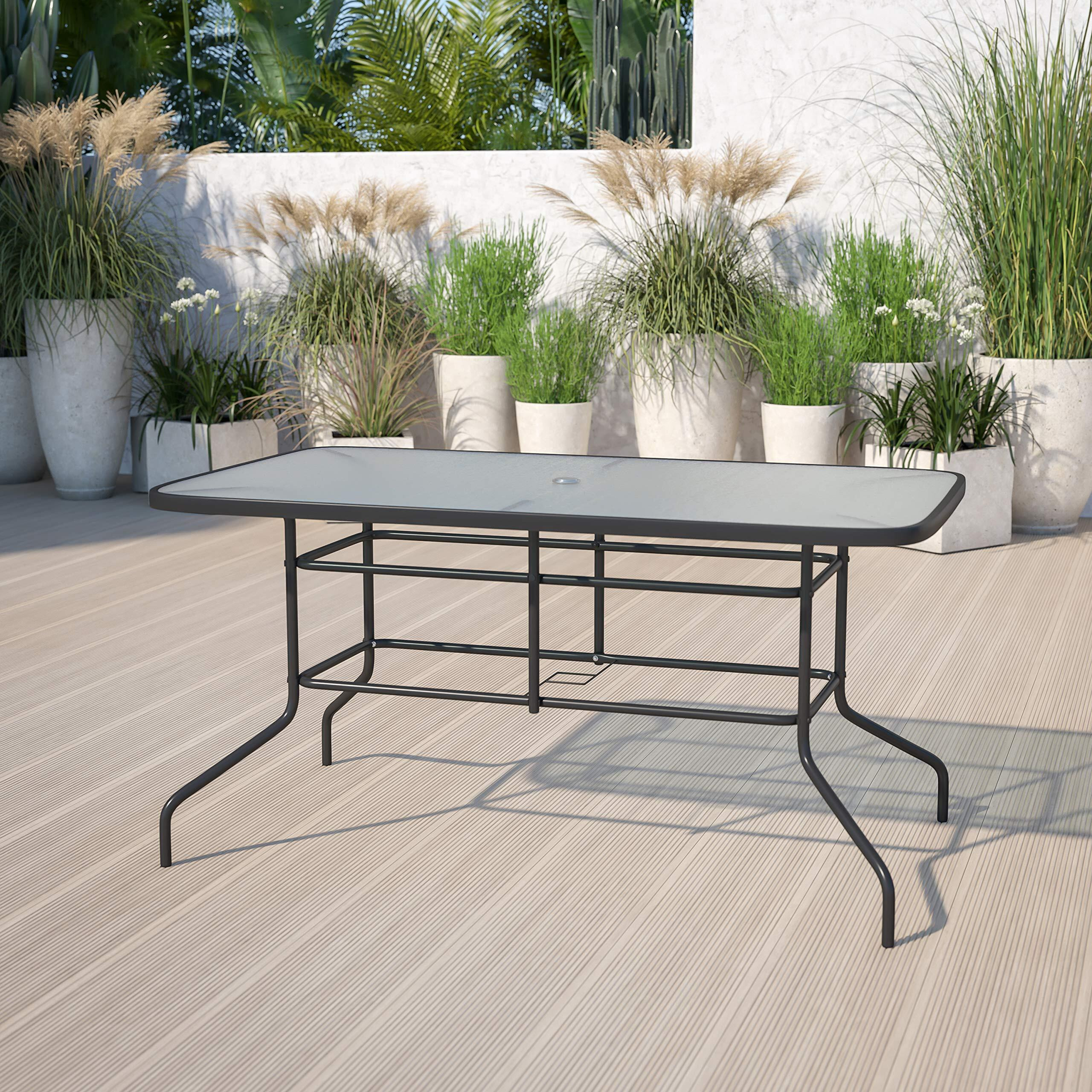 Flash Furniture Tory 31.5"" X 55"" Rectangular Tempered Glass Metal Patio Table With Umbrella Hole, Modern Rippled Glass Outdoor Dining Table, Black