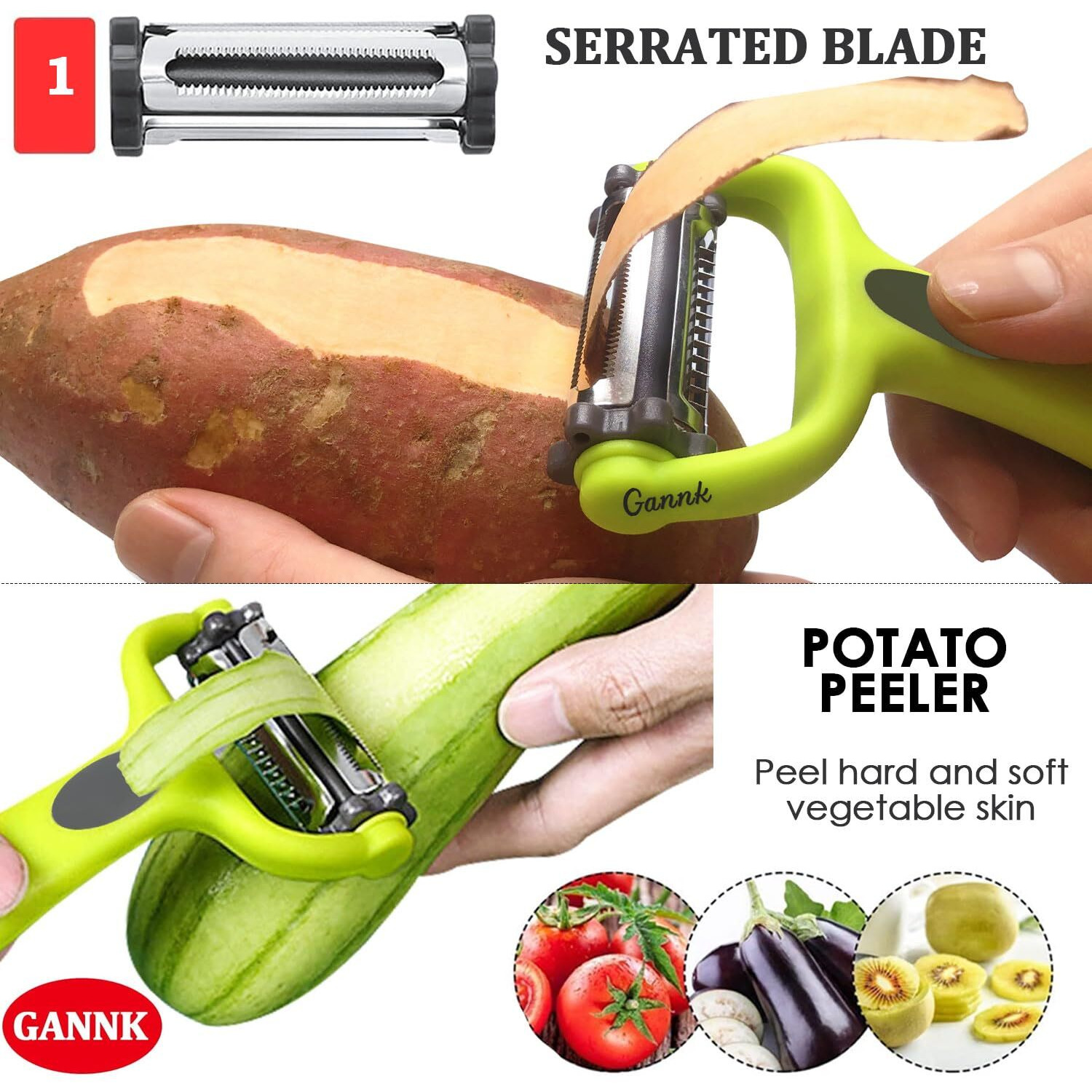 Gannk Potato Apple Vegetable Peelers For Kitchen, I And Y Peelers For Fruit Veggie Potatoes Carrot Cucumber, 3 In 1 Blade Spin Design With Julienne Function