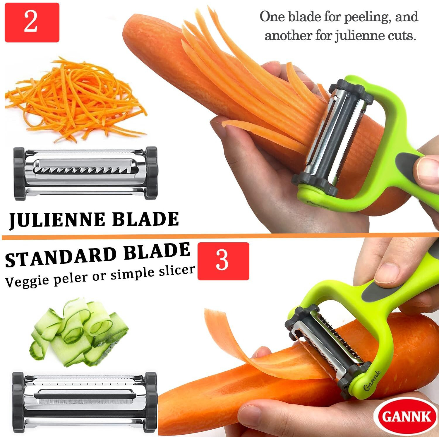 Gannk Potato Apple Vegetable Peelers For Kitchen, I And Y Peelers For Fruit Veggie Potatoes Carrot Cucumber, 3 In 1 Blade Spin Design With Julienne Function