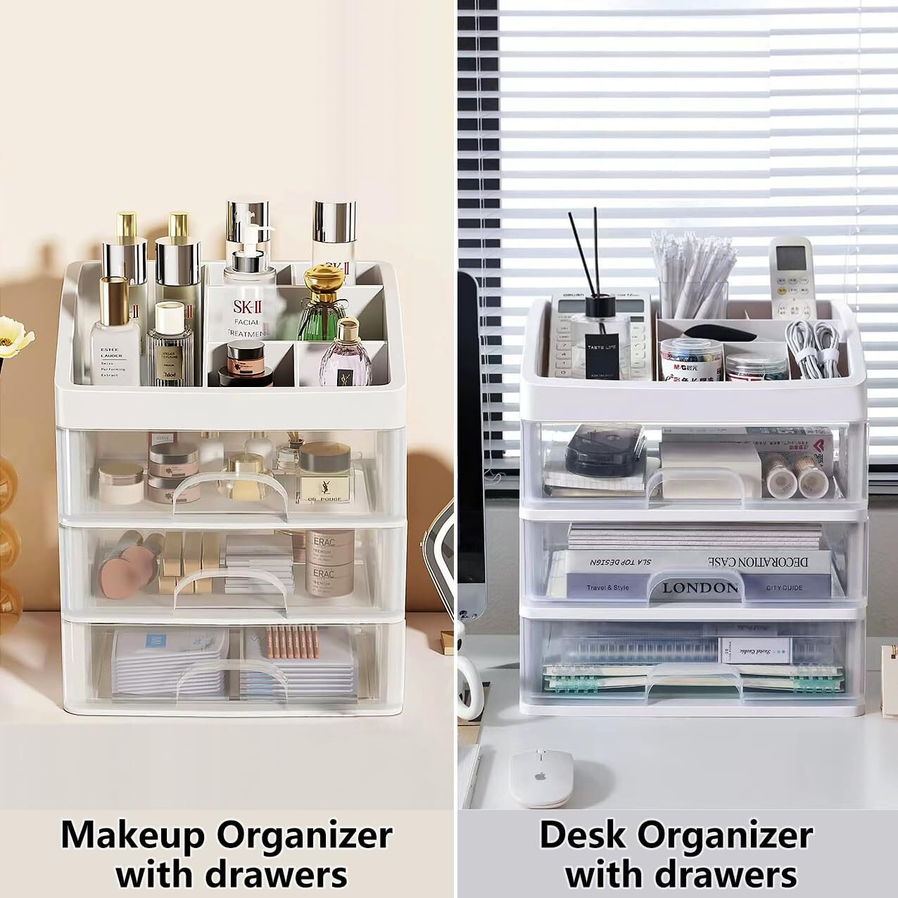 Makeup Organizer With 3 Drawers, Cosmetic Display Cases, Makeup Storage Box (3 Drawers) (White)