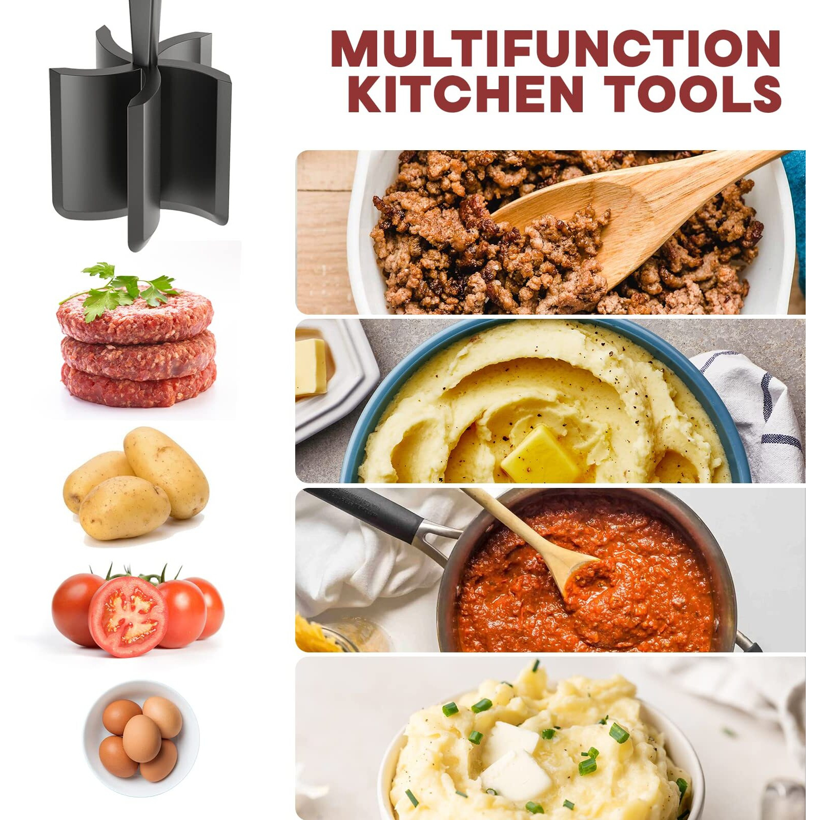 Meat Chopper For Hamburger, Premium Heat Resistant Masher And Smasher For Ground Beef, Ground Turkey And More, Nylon Ground Beef Chopper Tool And Meat Fork, Non Stick Mix Chopper
