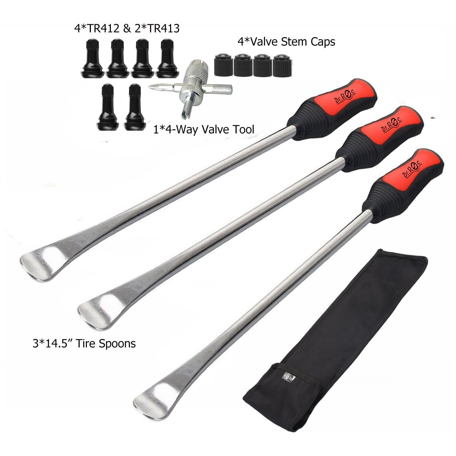 Dr.Roc 14.5 Inch Perfect Leverage Tire Spoon Lever Iron Tool Kit Motorcycle Dirt Bike Lawn Mower Professional Tire Changing Tool With Stable Bag 3 Pcs Tire Spoons With Tire Valve Stem Tr412 Tr413