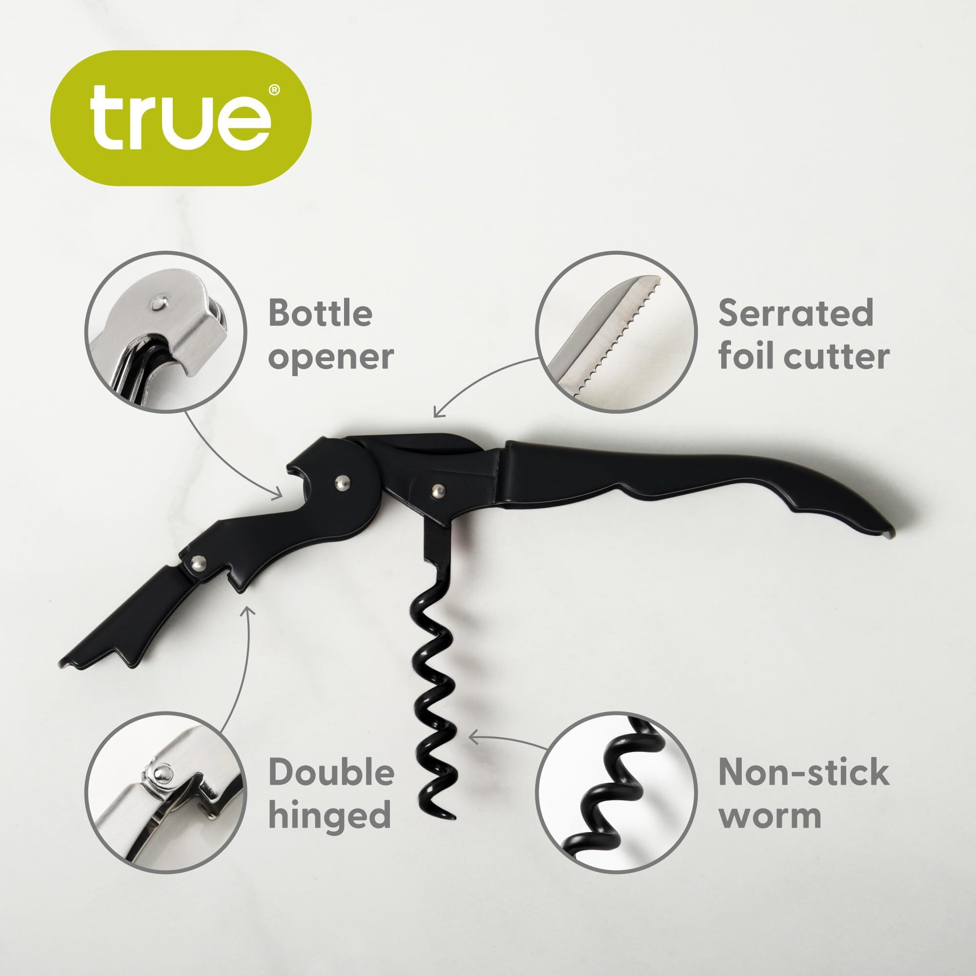 True Brands Truetap Double Hinged Waiters Corkscrew, Top-Notch Stainless Steel Opener With Foil Cutter Built To Last Wine Key Matte Black, Set Of 1