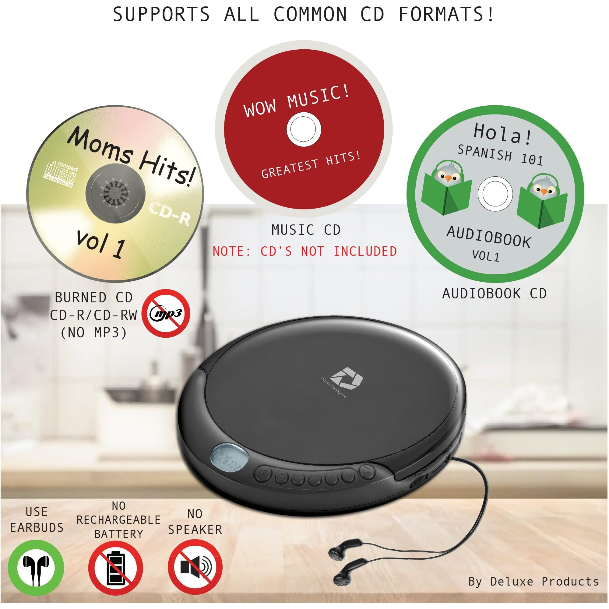 Deluxe Products Cd Player Portable With 60 Second Anti Skip, Stereo Earbuds, Includes Aux In Cable And Ac Usb Power Cable For Use At Home Or In Car