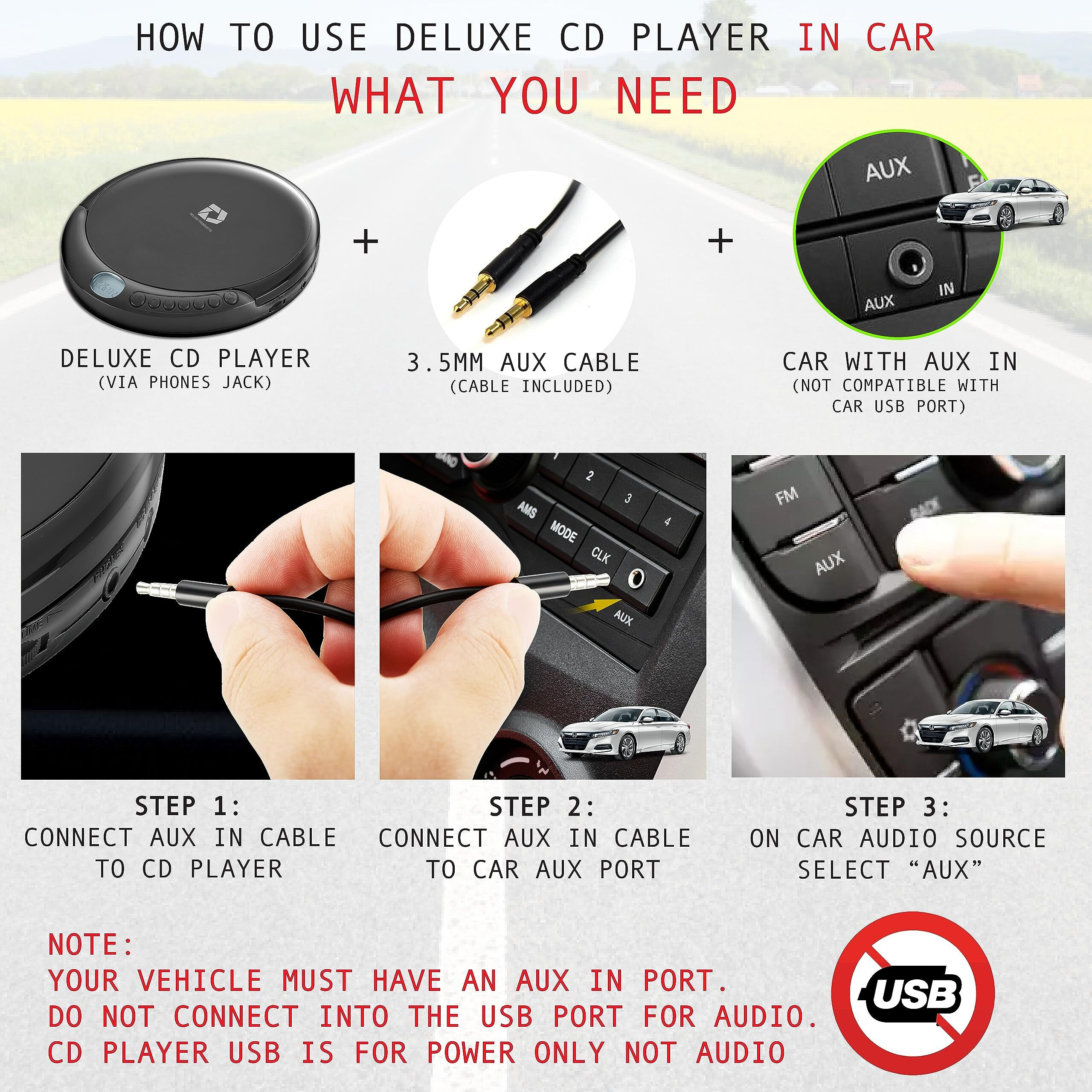 Deluxe Products Cd Player Portable With 60 Second Anti Skip, Stereo Earbuds, Includes Aux In Cable And Ac Usb Power Cable For Use At Home Or In Car