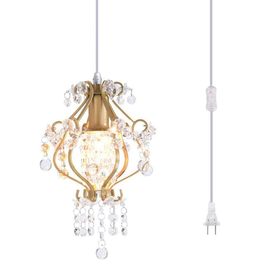 Surpars House Elegant Mini Chandelier Plug In Crystal Pendant Light,Golden